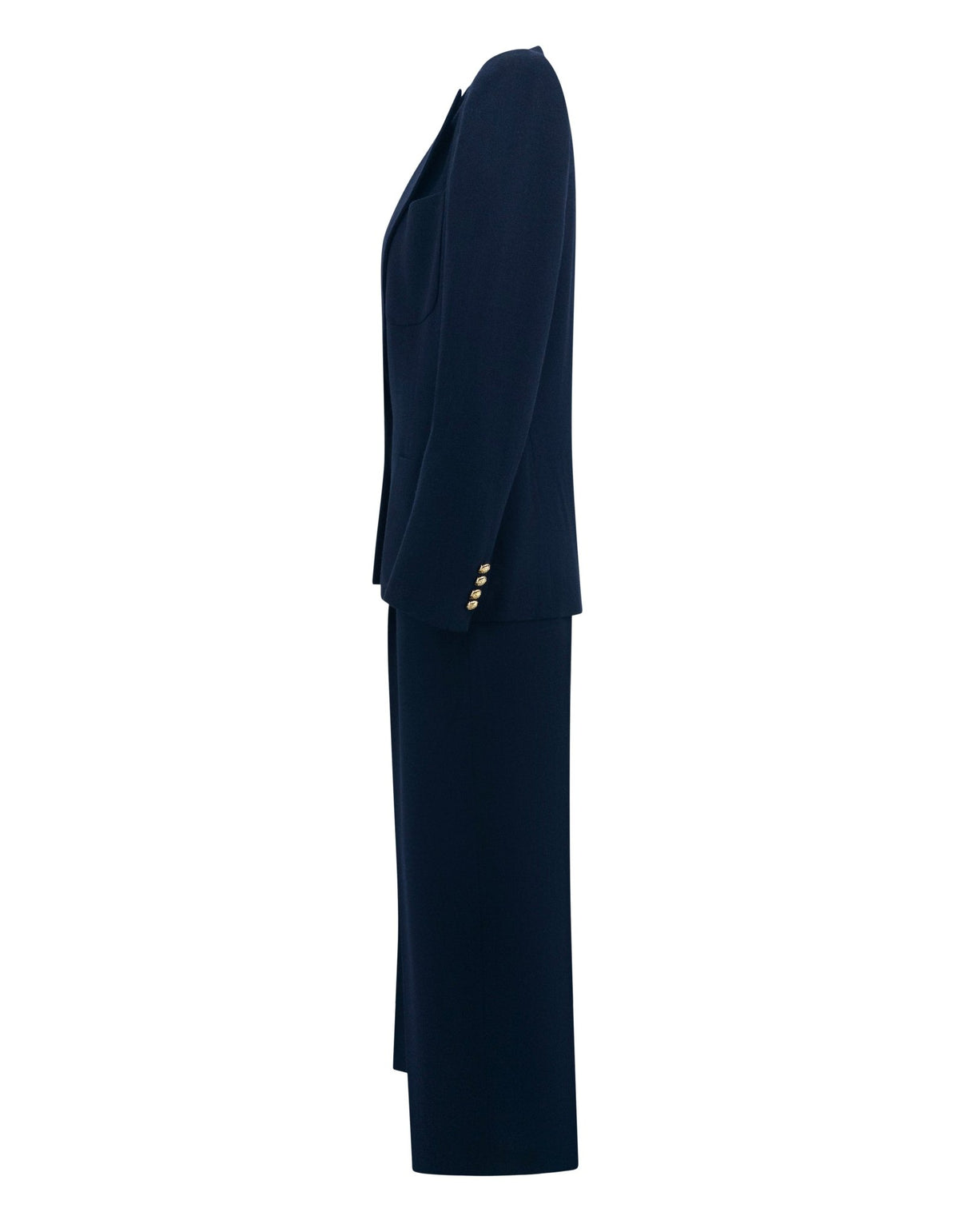 F/W 1991 Ralph Lauren Collection Navy Blue Wool Gold Button Wide - Leg Pantsuit - RealList