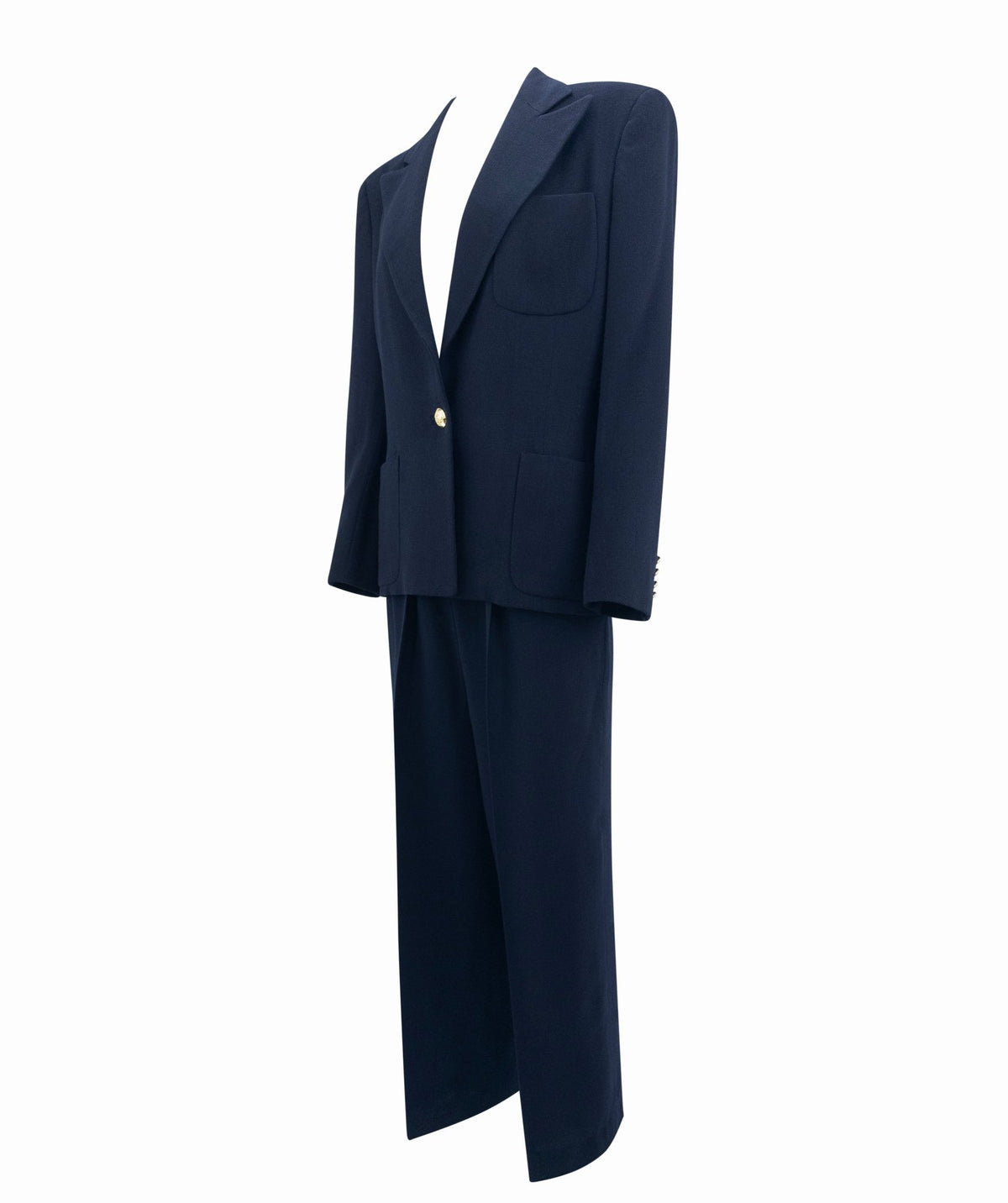 F/W 1991 Ralph Lauren Collection Navy Blue Wool Gold Button Wide - Leg Pantsuit - RealList