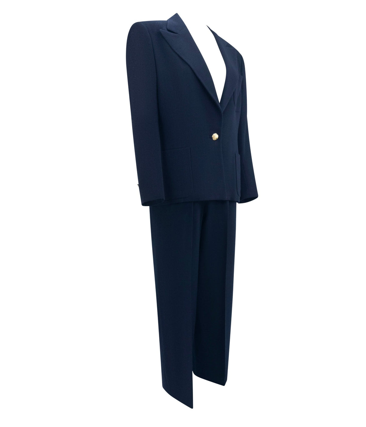 F/W 1991 Ralph Lauren Collection Navy Blue Wool Gold Button Wide - Leg Pantsuit - RealList