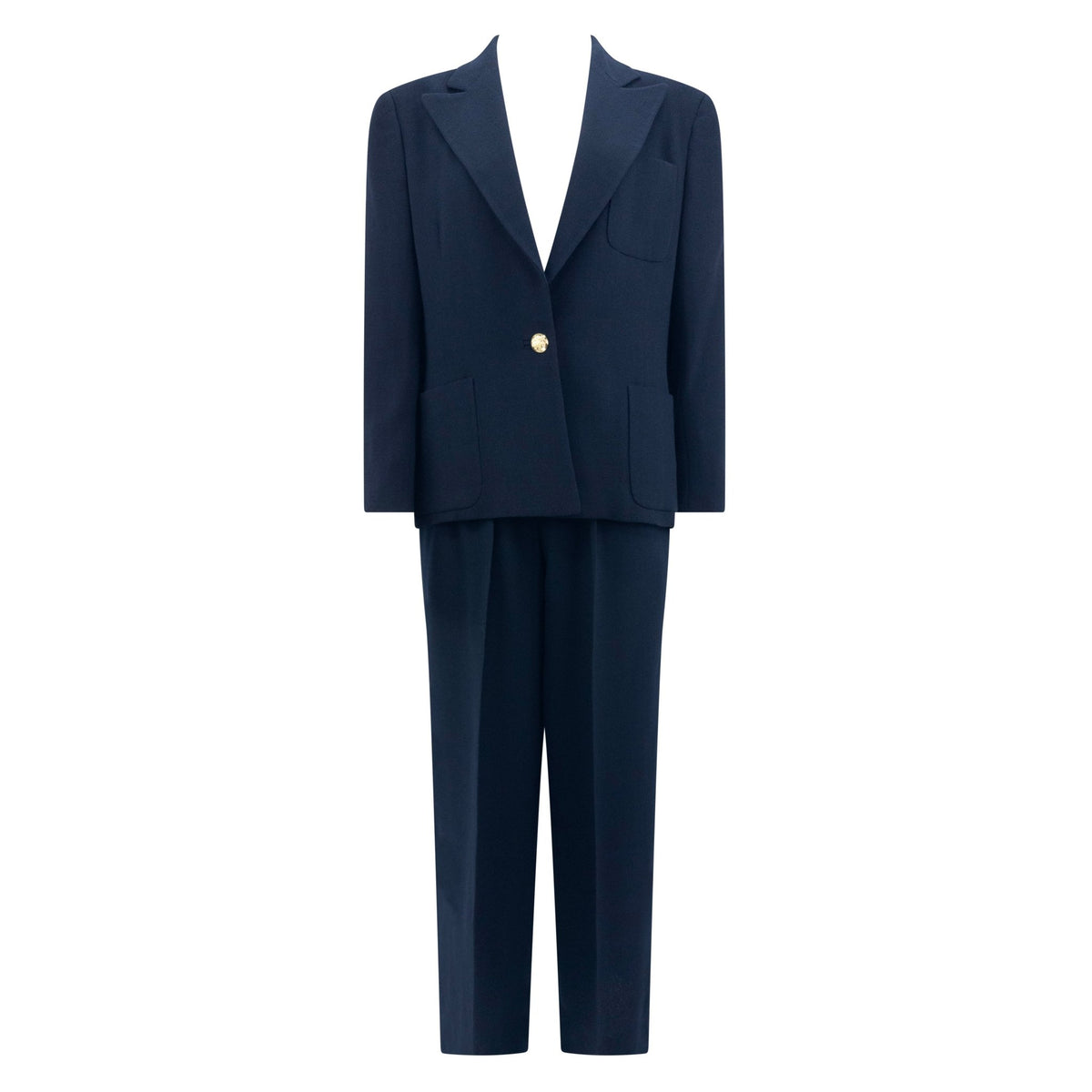 F/W 1991 Ralph Lauren Collection Navy Blue Wool Gold Button Wide - Leg Pantsuit - RealList