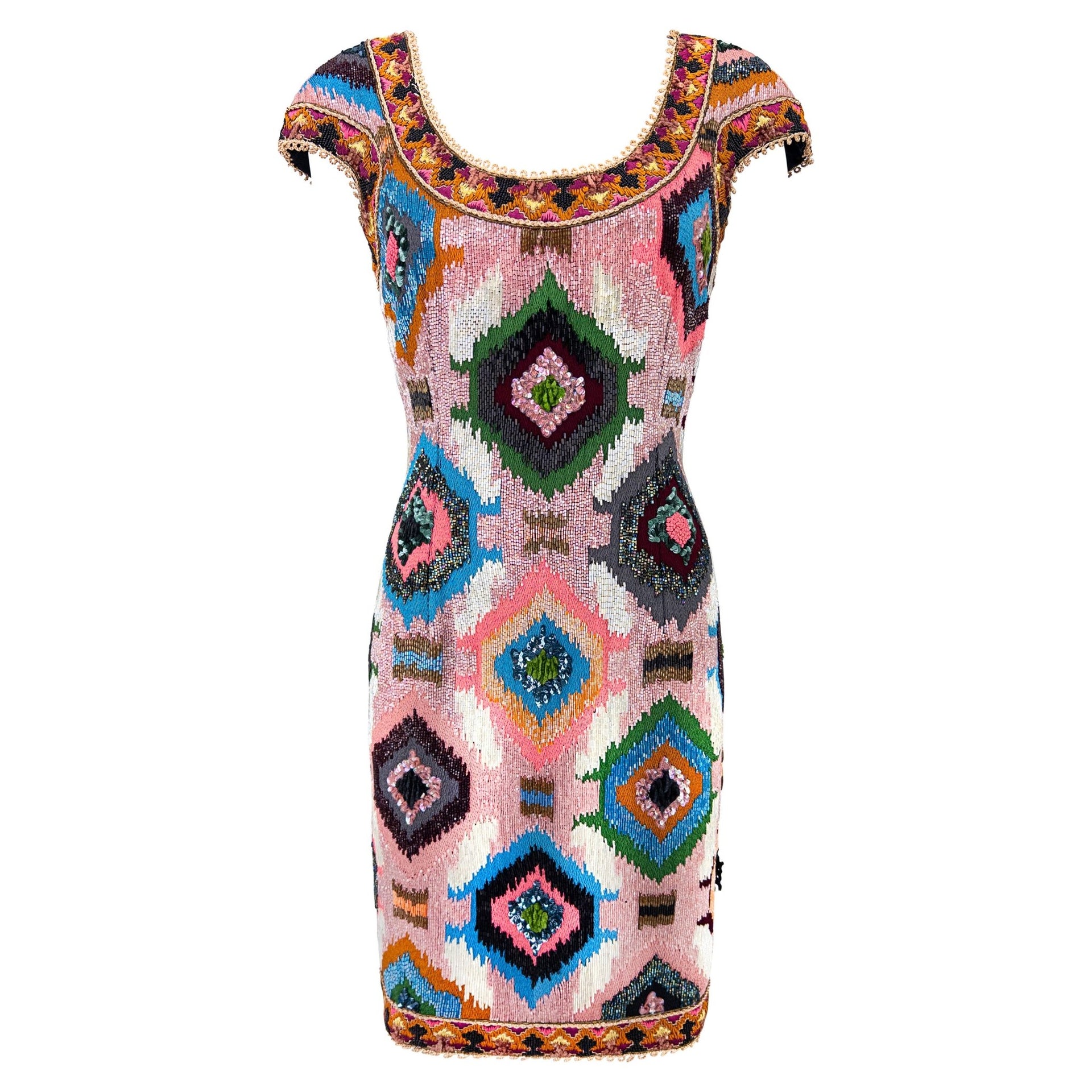 F/W 1991 Valentino Garavani Runway Pink Heavily Beaded Ikat Dress - RealList