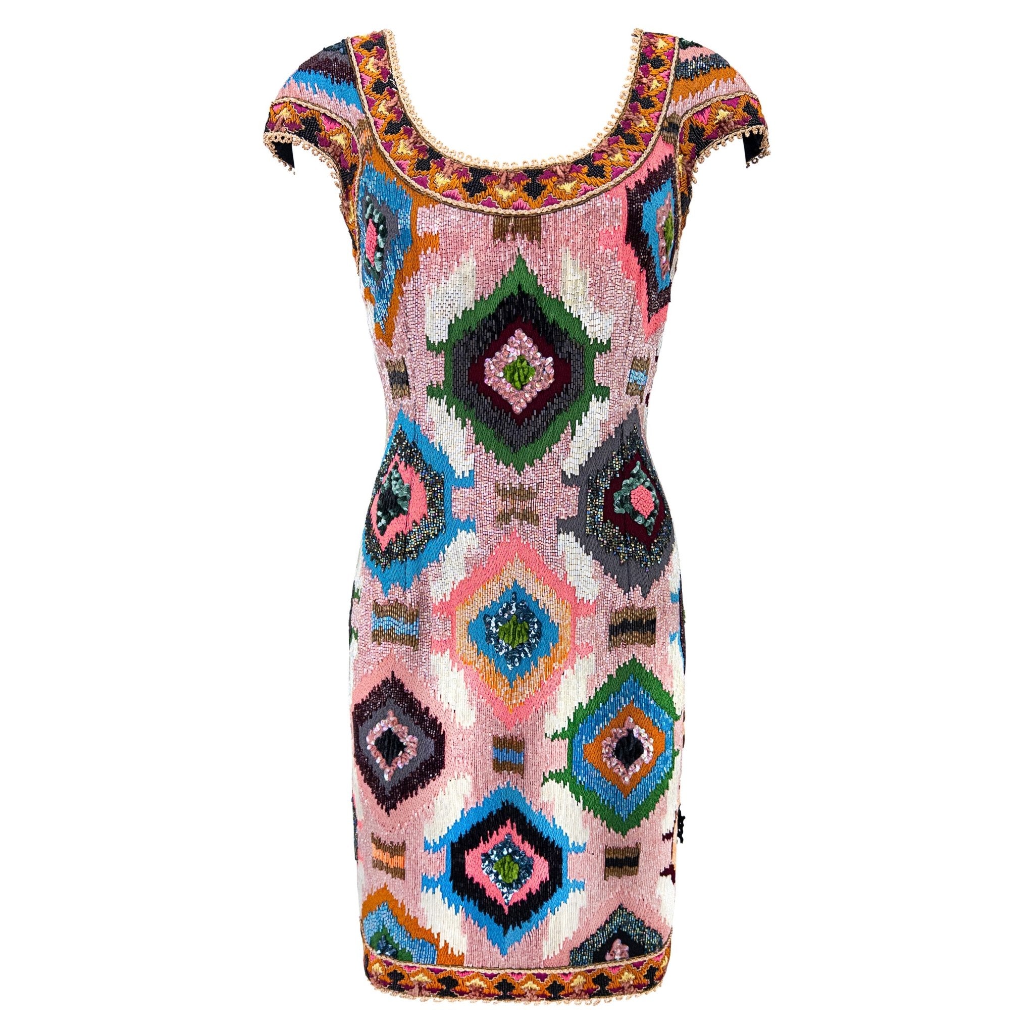 F/W 1991 Valentino Garavani Runway Pink Heavily Beaded Ikat Dress - RealList