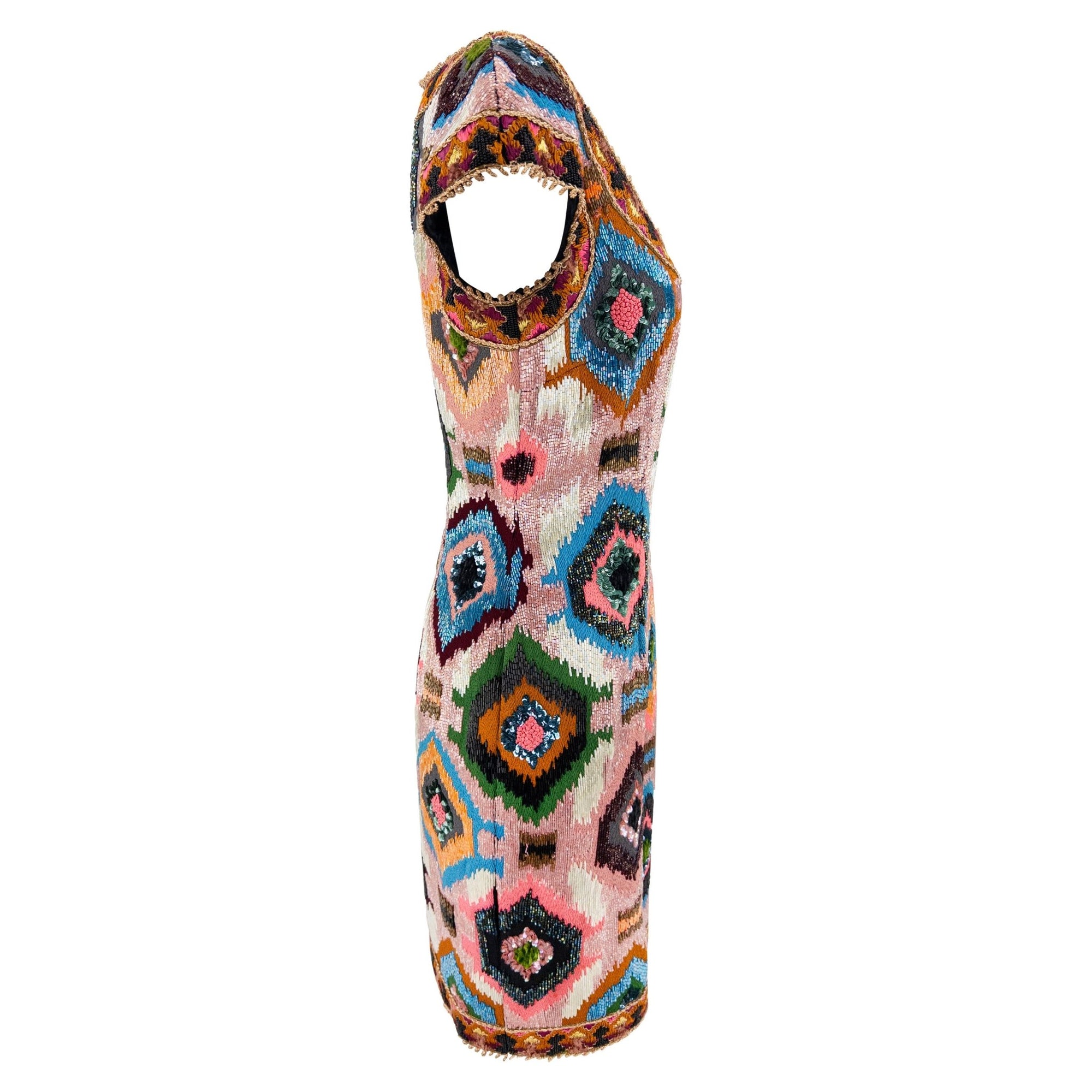 F/W 1991 Valentino Garavani Runway Pink Heavily Beaded Ikat Dress - RealList