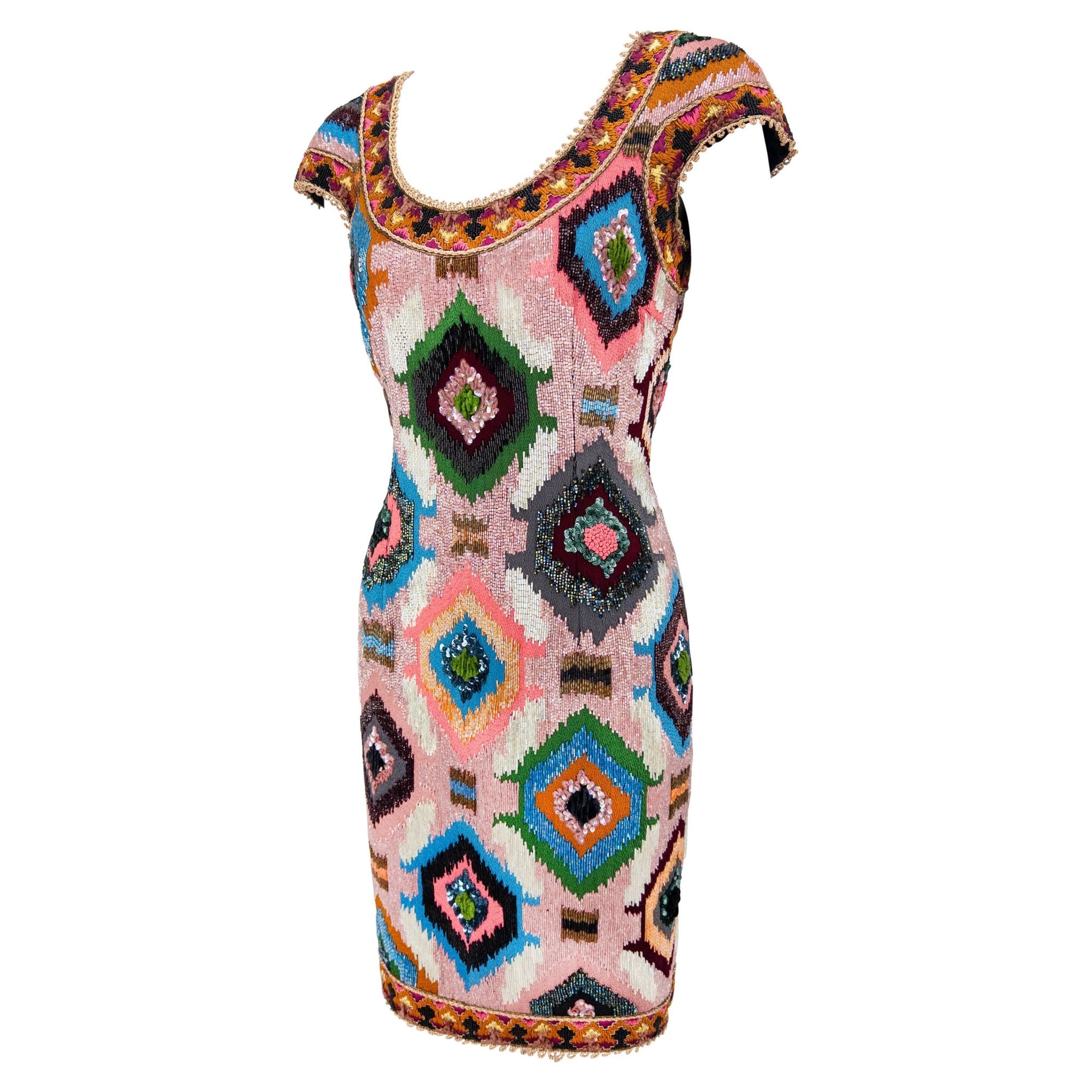 F/W 1991 Valentino Garavani Runway Pink Heavily Beaded Ikat Dress - RealList