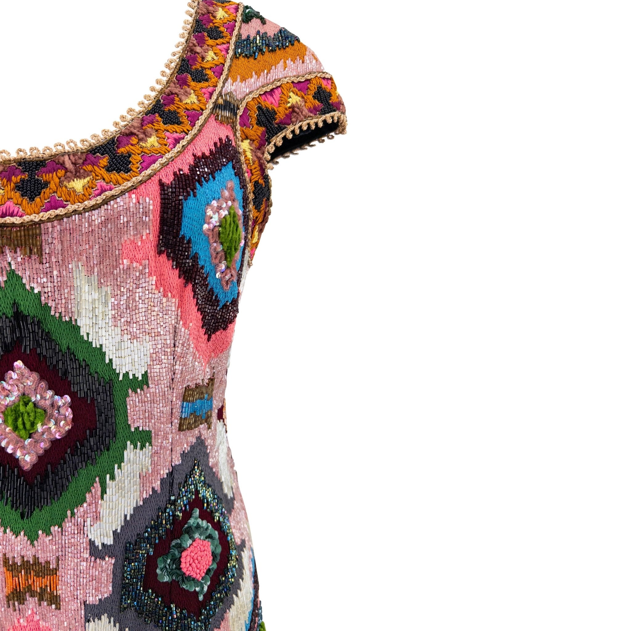 F/W 1991 Valentino Garavani Runway Pink Heavily Beaded Ikat Dress - RealList