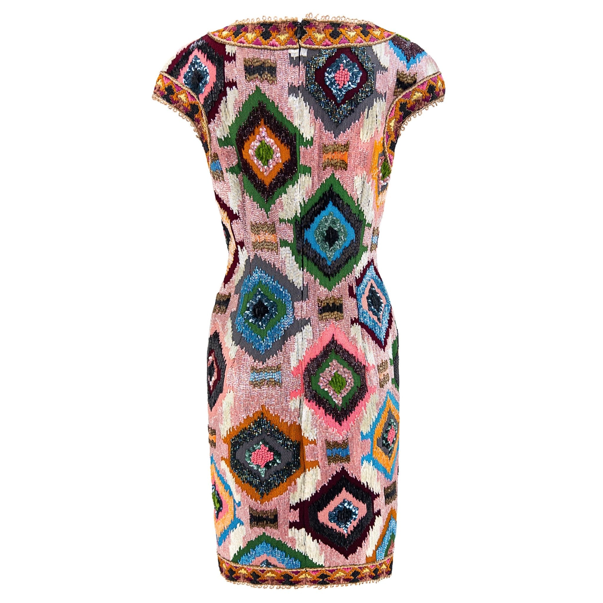 F/W 1991 Valentino Garavani Runway Pink Heavily Beaded Ikat Dress - RealList