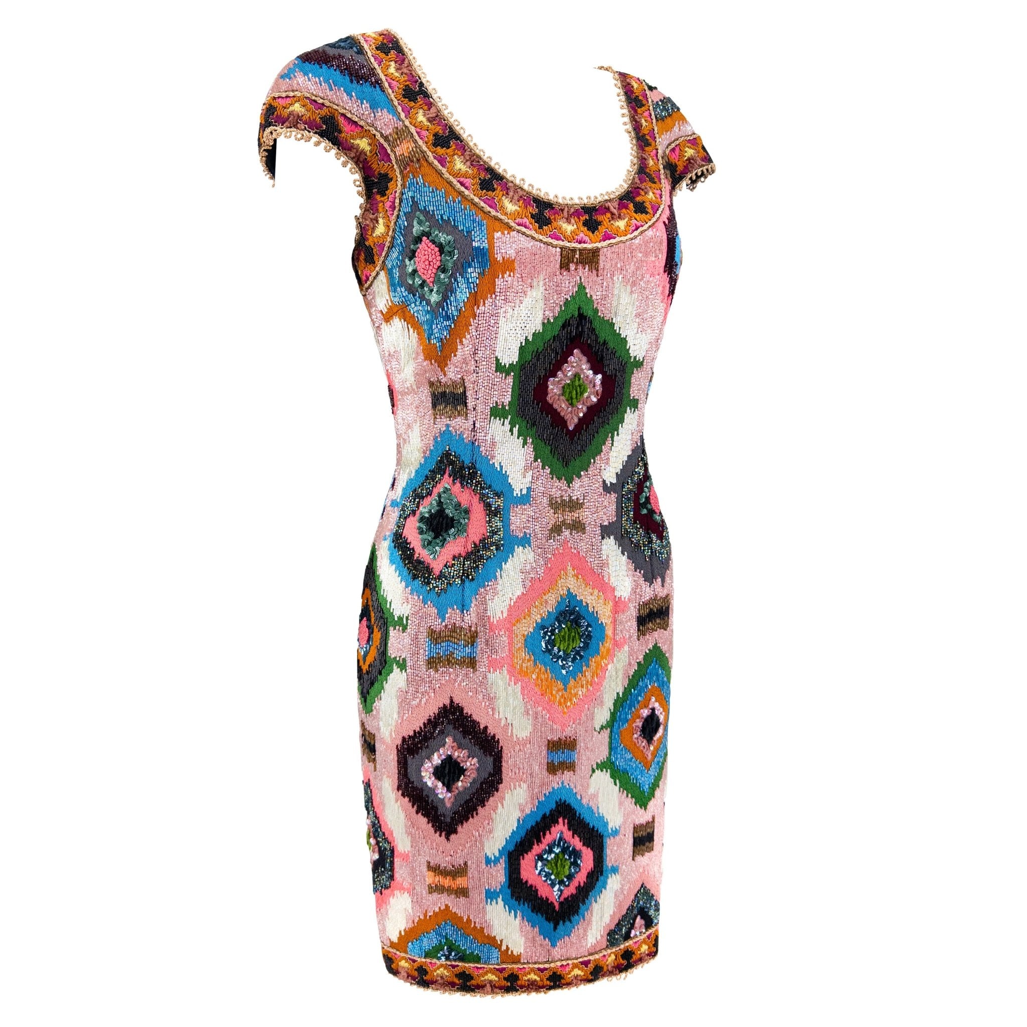 F/W 1991 Valentino Garavani Runway Pink Heavily Beaded Ikat Dress - RealList