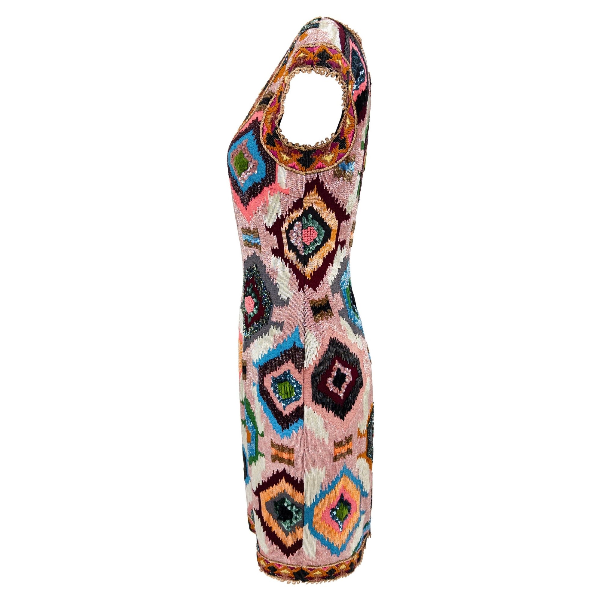 F/W 1991 Valentino Garavani Runway Pink Heavily Beaded Ikat Dress - RealList