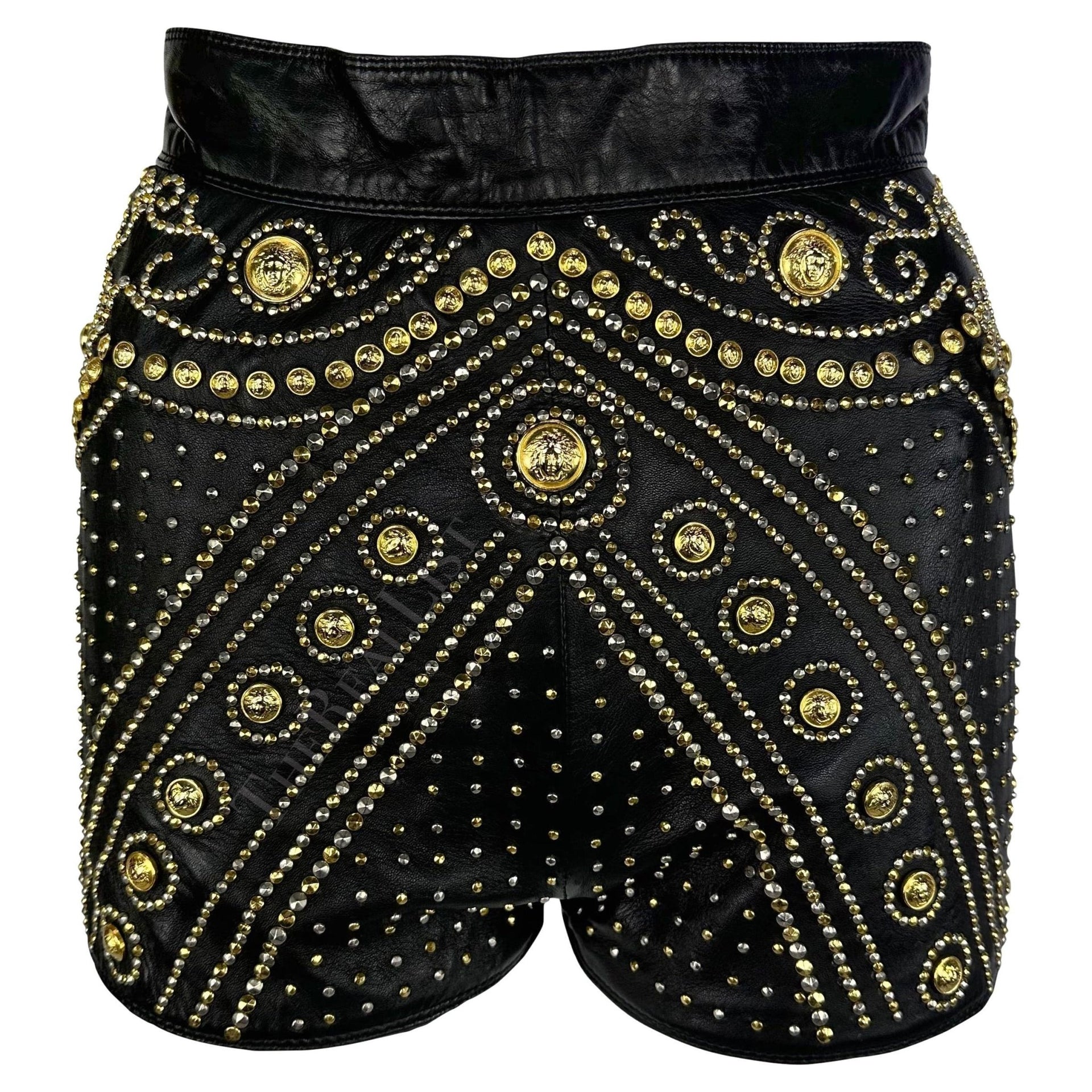 F/W 1992 Atelier Versace Haute Couture Runway Medusa Studded Leather Shorts - RealList