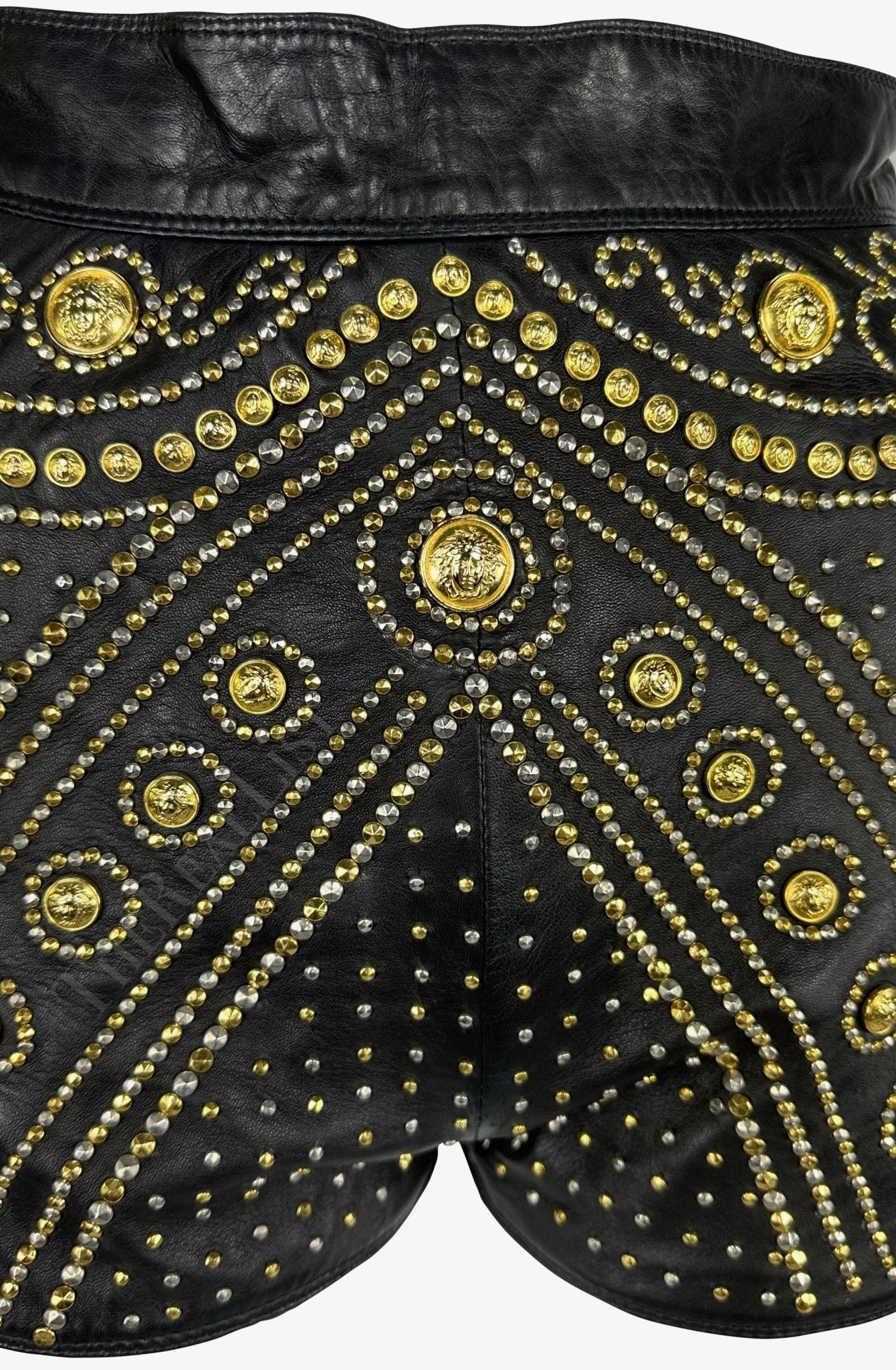 F/W 1992 Atelier Versace Haute Couture Runway Medusa Studded Leather Shorts - RealList