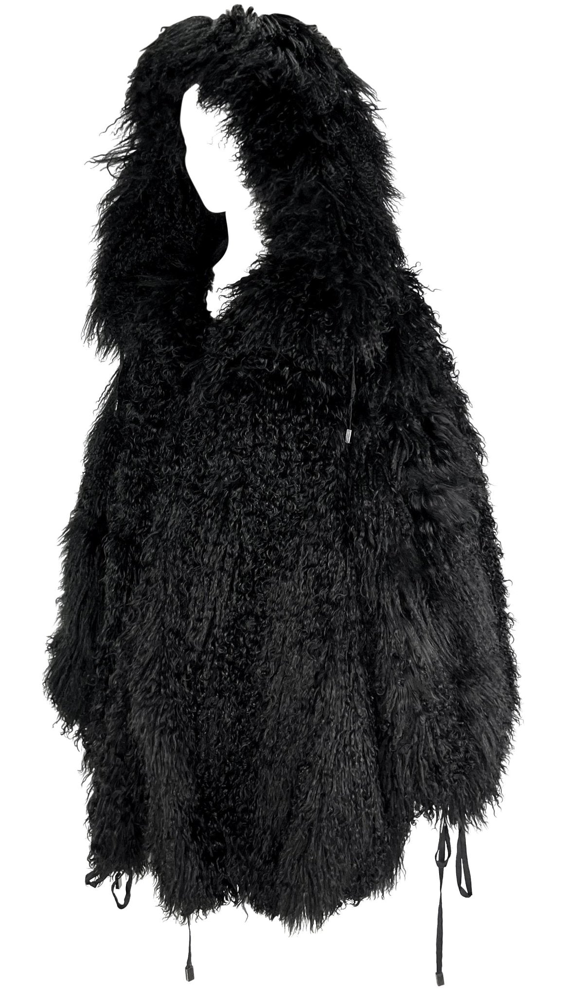 F/W 1992 Claude Montana Runway Oversized Hooded Black Mongolian Lamb Fur Coat - RealList