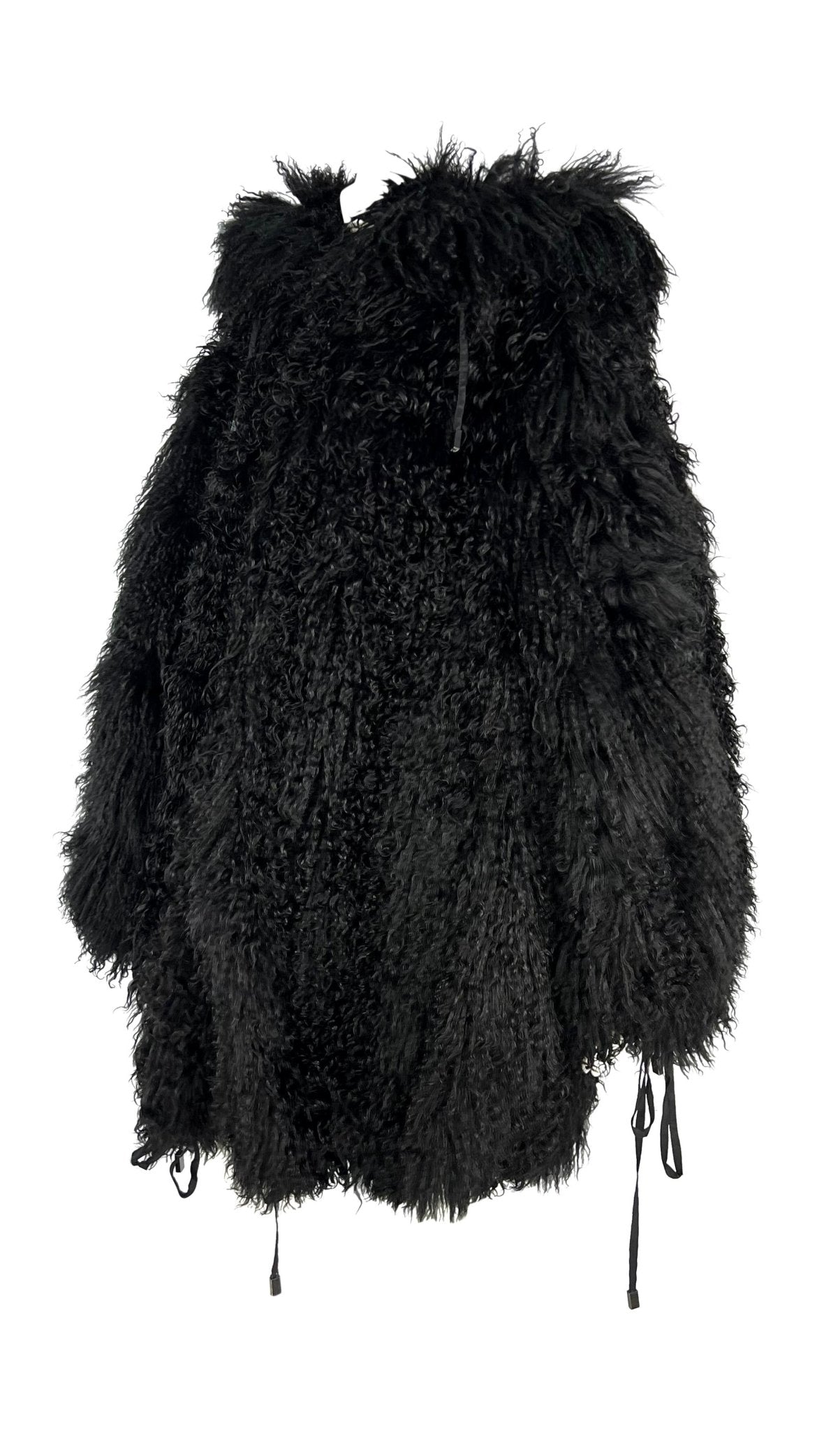 F/W 1992 Claude Montana Runway Oversized Hooded Black Mongolian Lamb Fur Coat - RealList