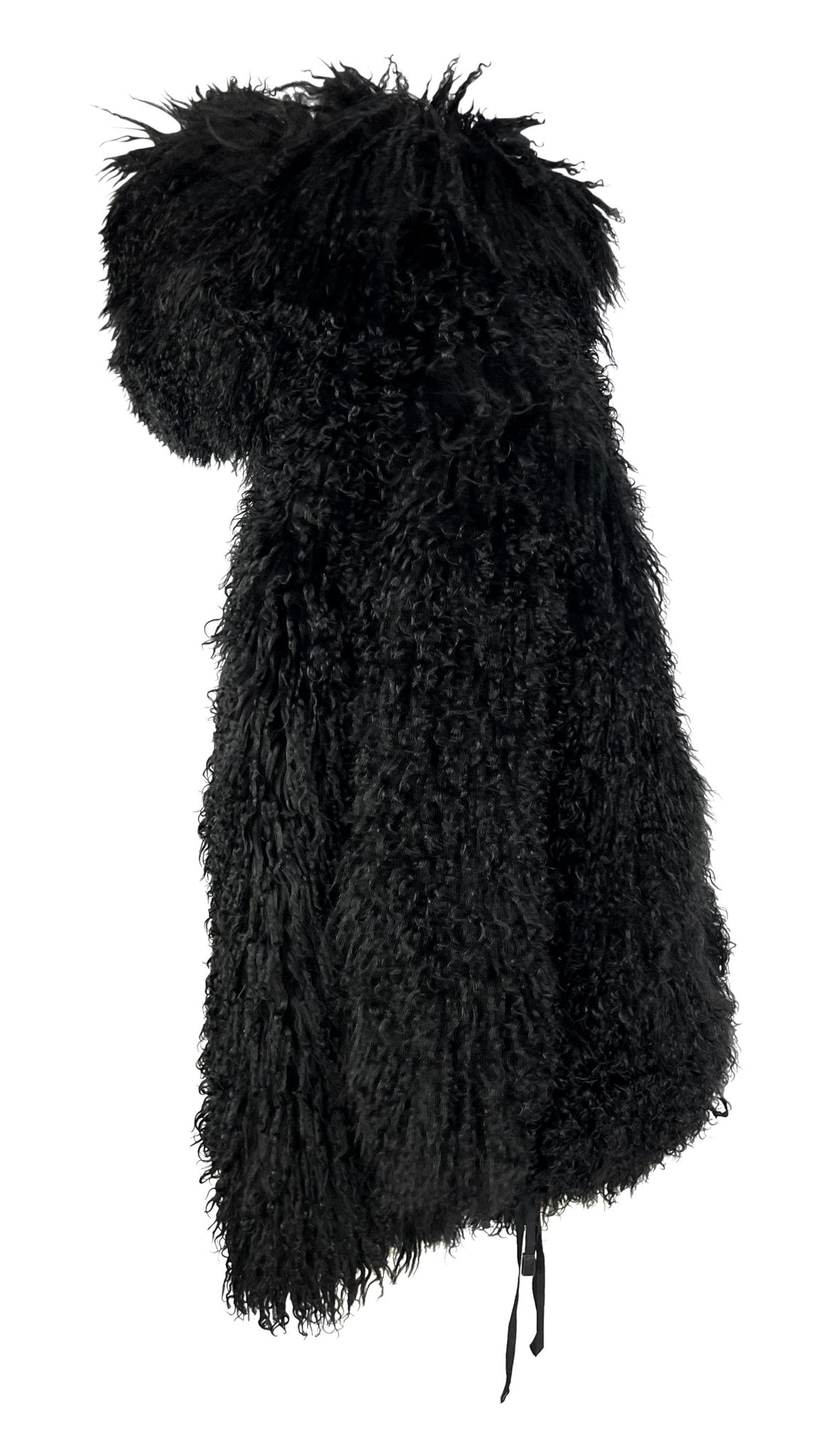F/W 1992 Claude Montana Runway Oversized Hooded Black Mongolian Lamb Fur Coat - RealList