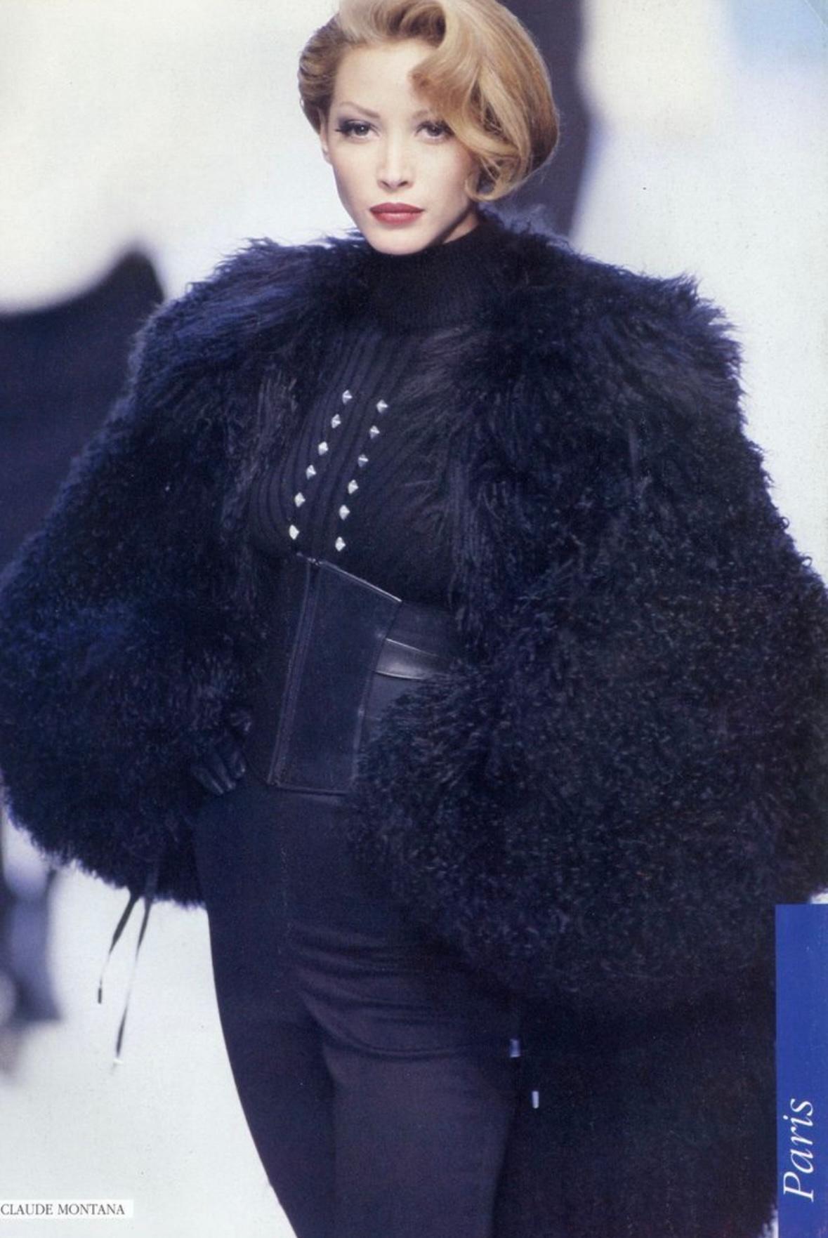 F/W 1992 Claude Montana Runway Oversized Hooded Black Mongolian Lamb Fur Coat - RealList