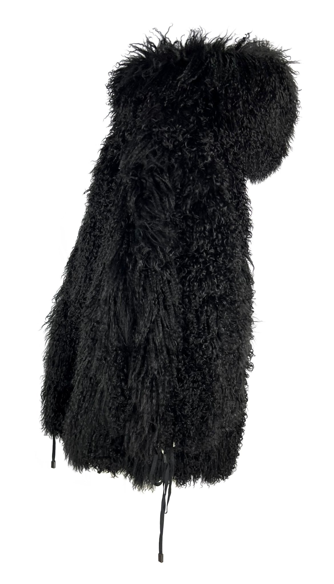 F/W 1992 Claude Montana Runway Oversized Hooded Black Mongolian Lamb Fur Coat - RealList