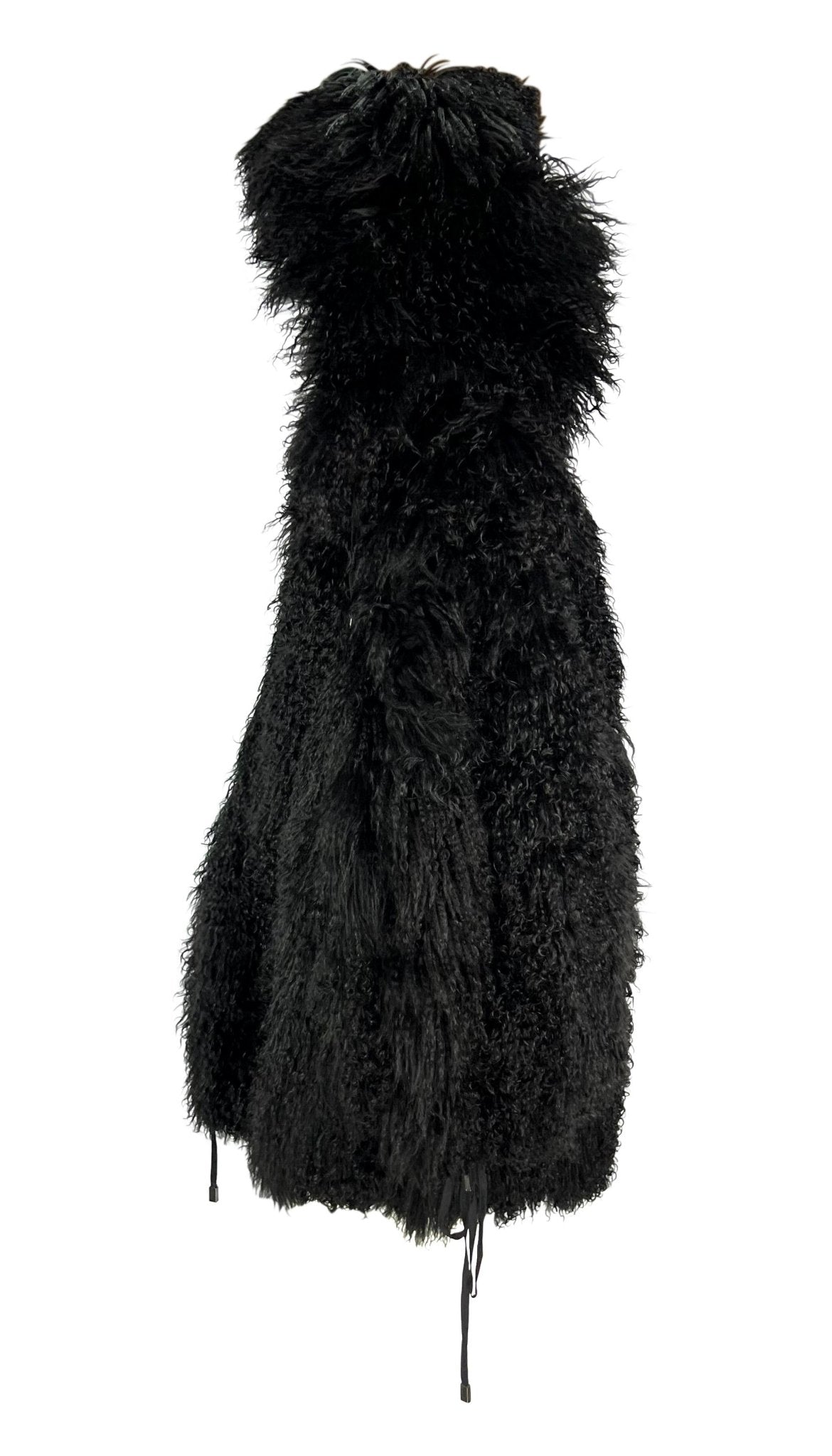 F/W 1992 Claude Montana Runway Oversized Hooded Black Mongolian Lamb Fur Coat - RealList