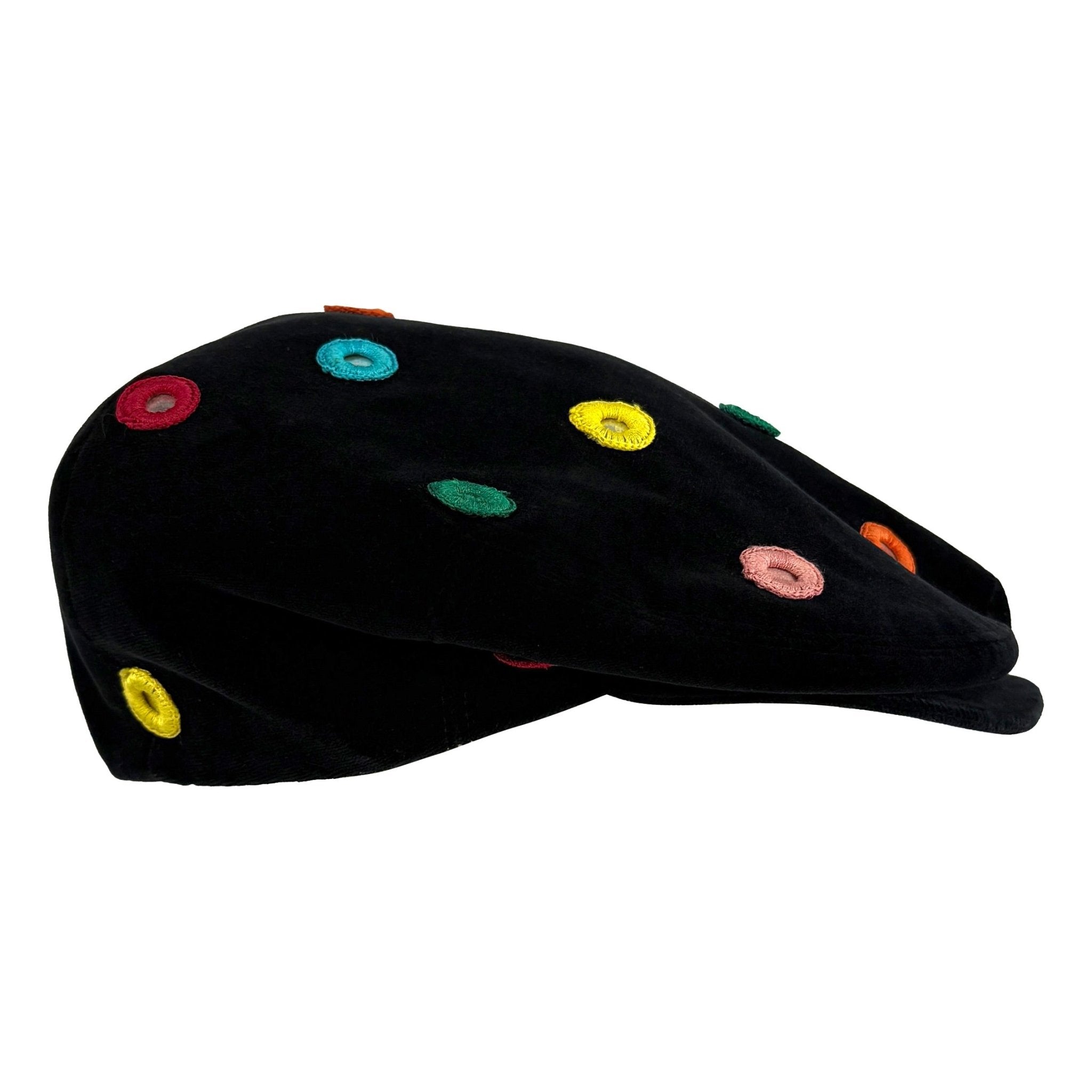 F/W 1992 Dolce & Gabbana Multicolor Mirror Embroidery Black Velvet Paperboy Hat - RealList