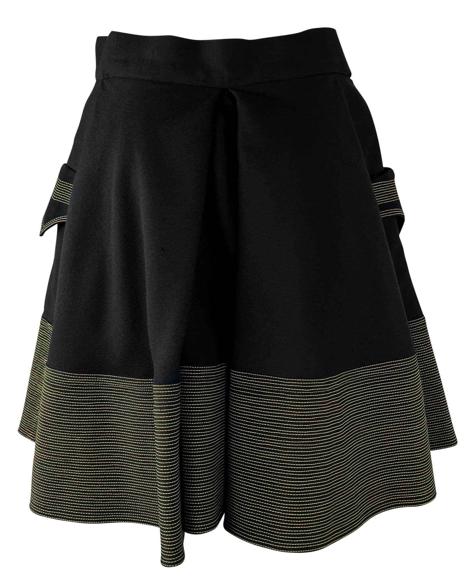 F/W 1992 Gianni Versace Black Wool Yellow Stitching Flared Skirt - RealList