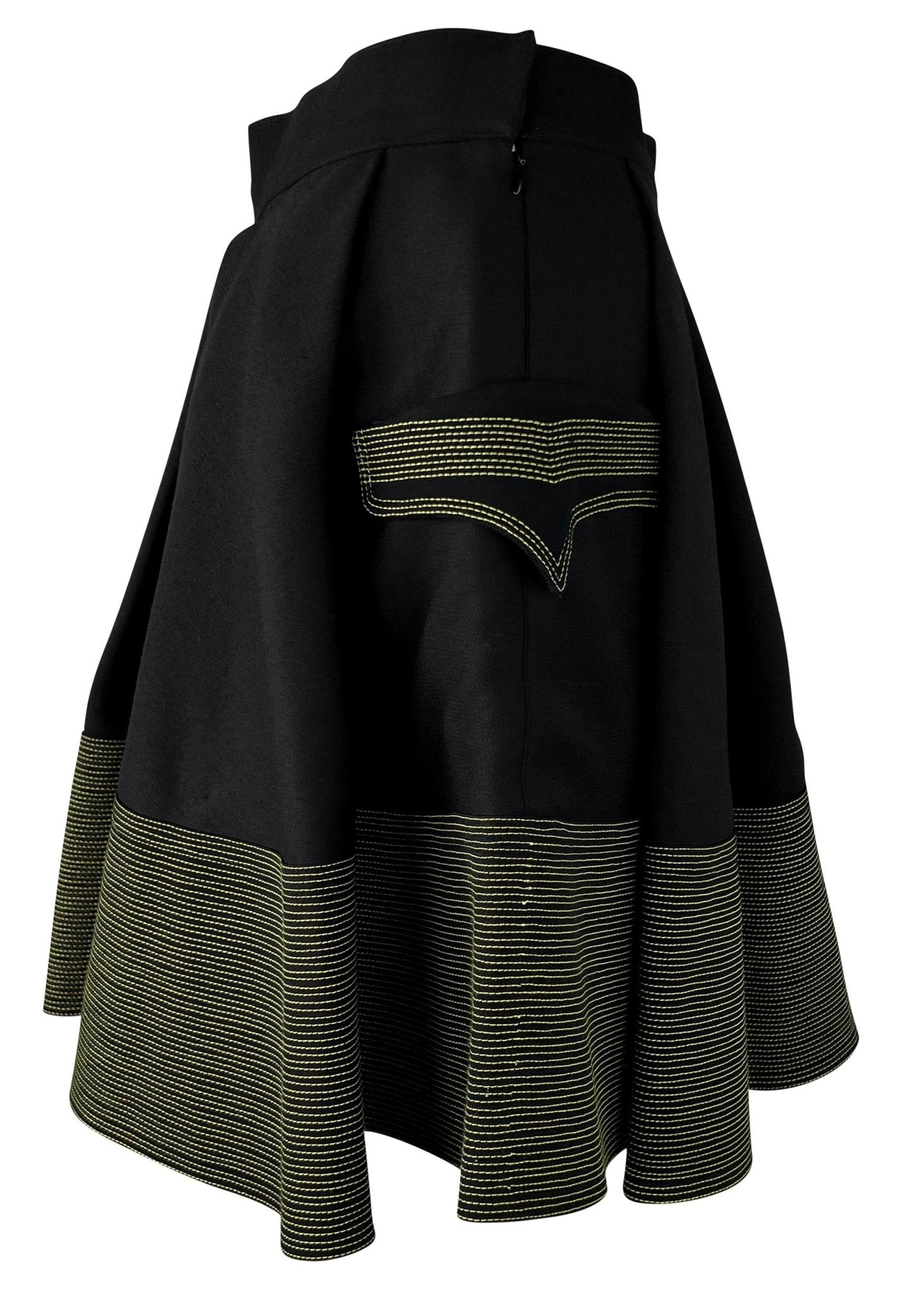 F/W 1992 Gianni Versace Black Wool Yellow Stitching Flared Skirt - RealList