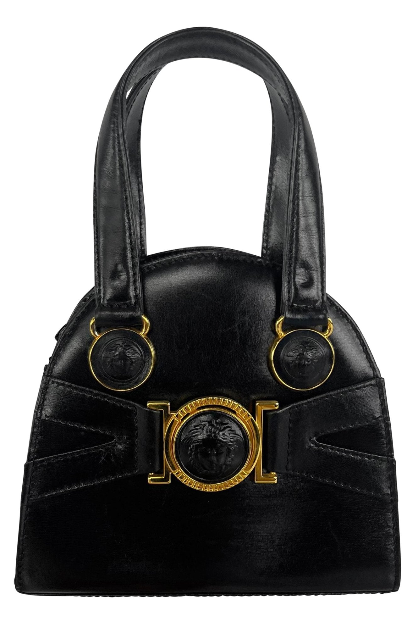F/W 1992 Gianni Versace Bondage Strap Black Leather Medusa Mini Bag Crossbody - RealList