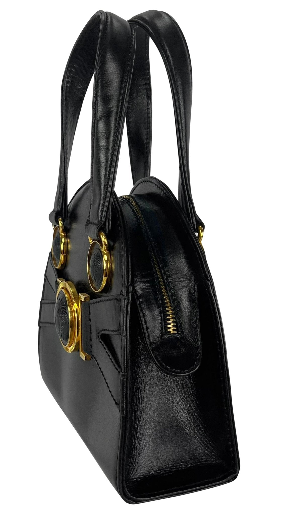 F/W 1992 Gianni Versace Bondage Strap Black Leather Medusa Mini Bag Crossbody - RealList