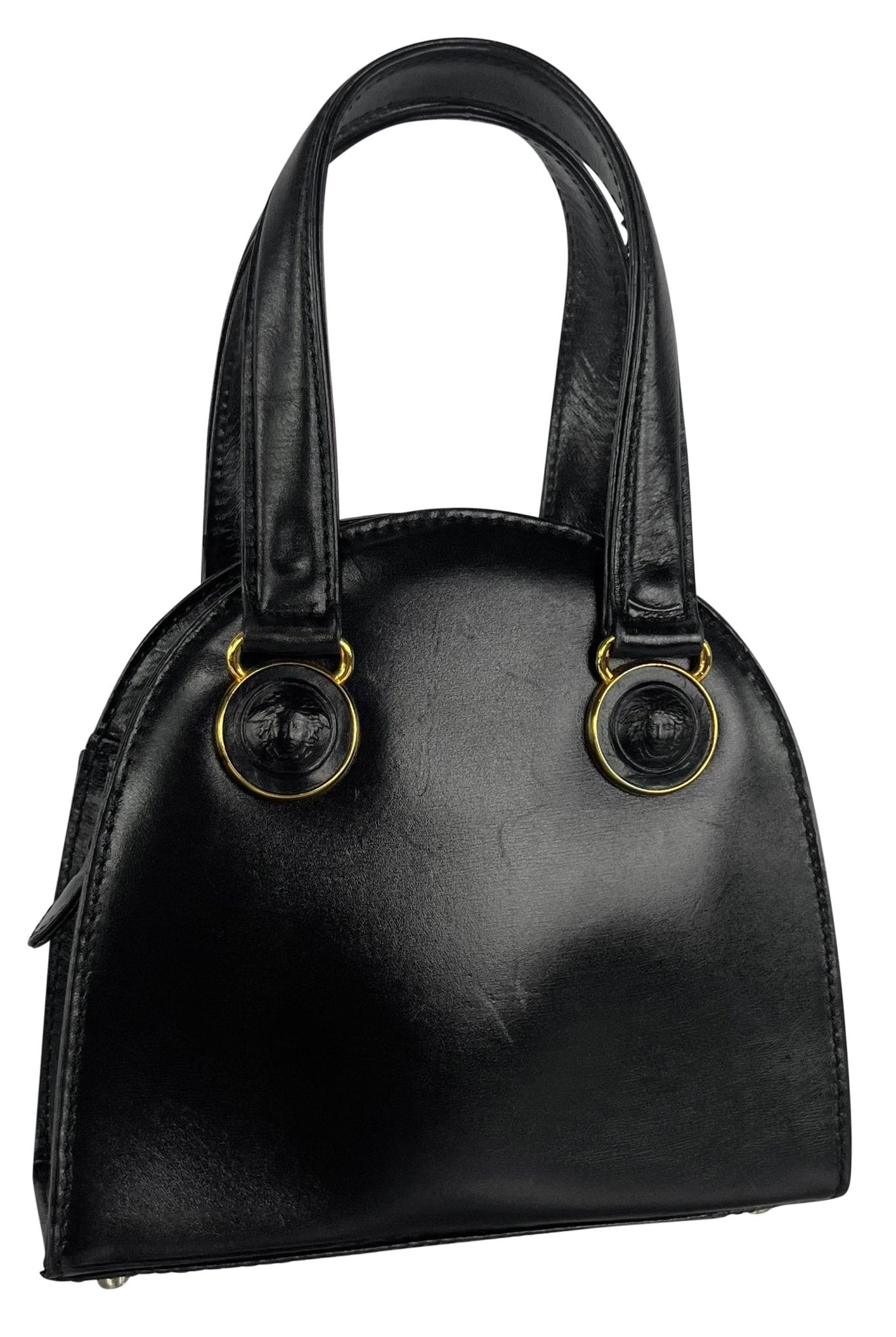 F/W 1992 Gianni Versace Bondage Strap Black Leather Medusa Mini Bag Crossbody - RealList