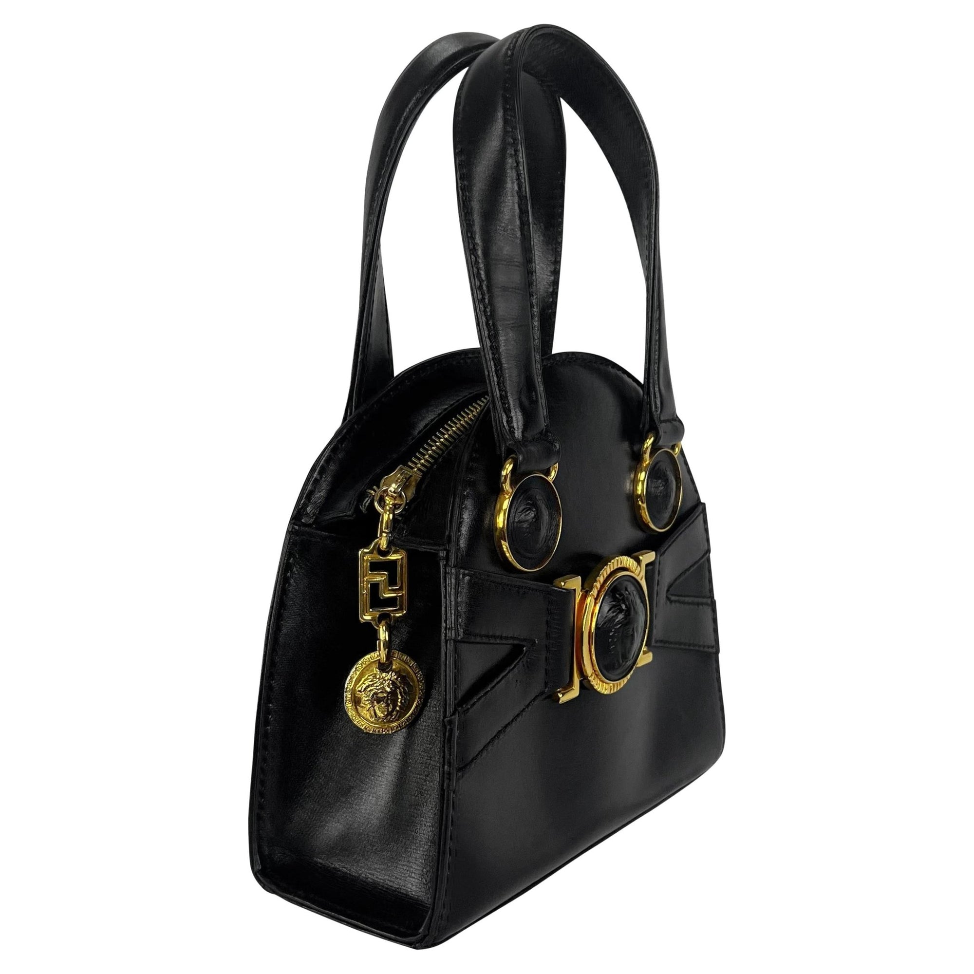 F/W 1992 Gianni Versace Bondage Strap Black Leather Medusa Mini Bag Crossbody - RealList