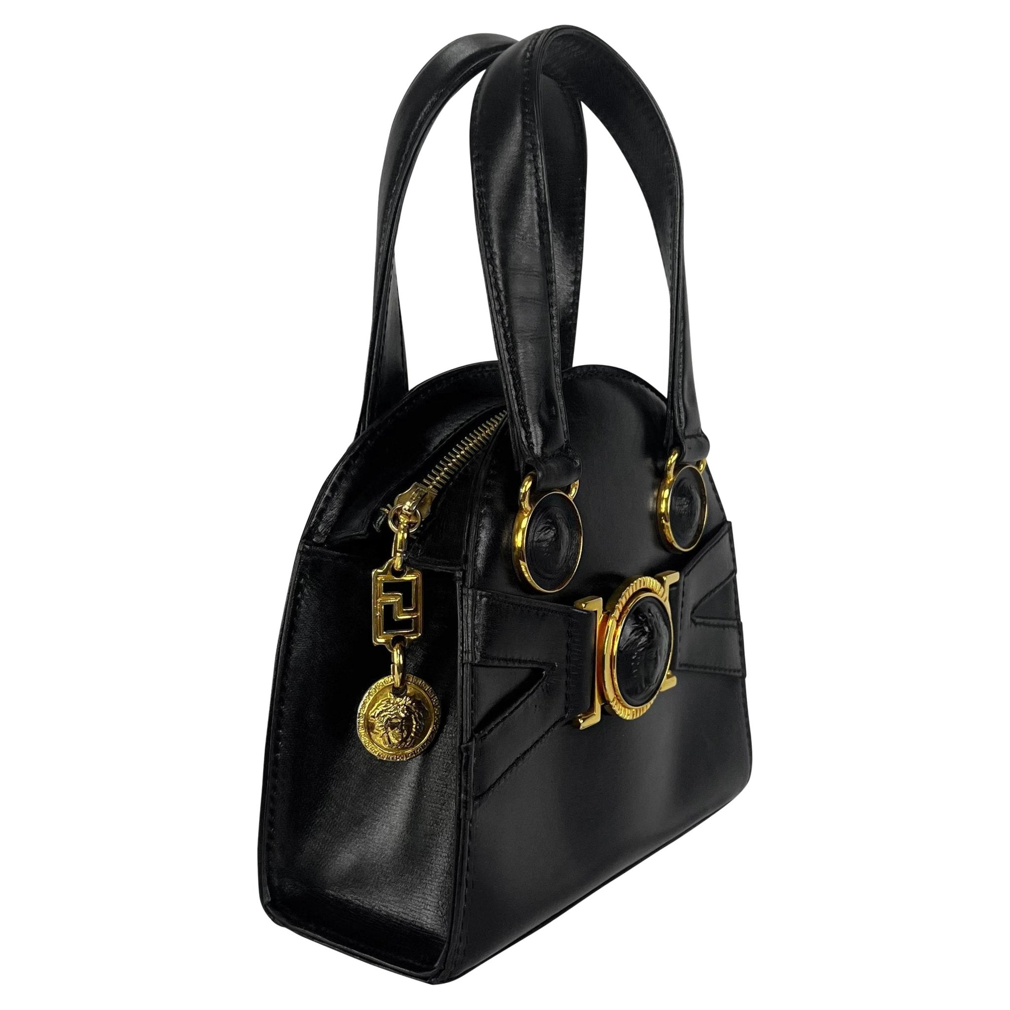 F/W 1992 Gianni Versace Bondage Strap Black Leather Medusa Mini Bag Crossbody - RealList