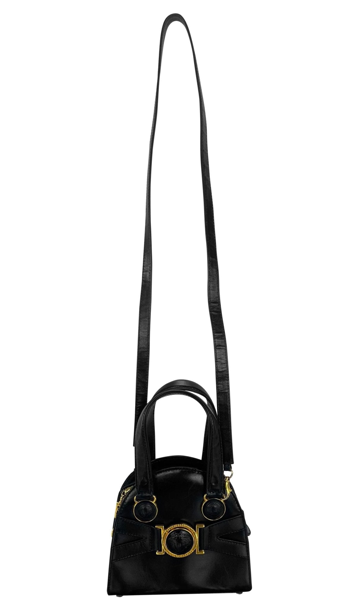 F/W 1992 Gianni Versace Bondage Strap Black Leather Medusa Mini Bag Crossbody - RealList