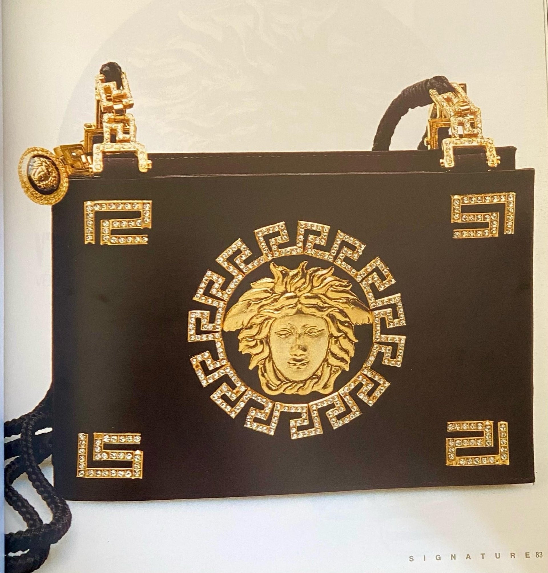 F/W 1992 Gianni Versace Couture Black Satin Gold Rhinestone Medusa Bag - RealList
