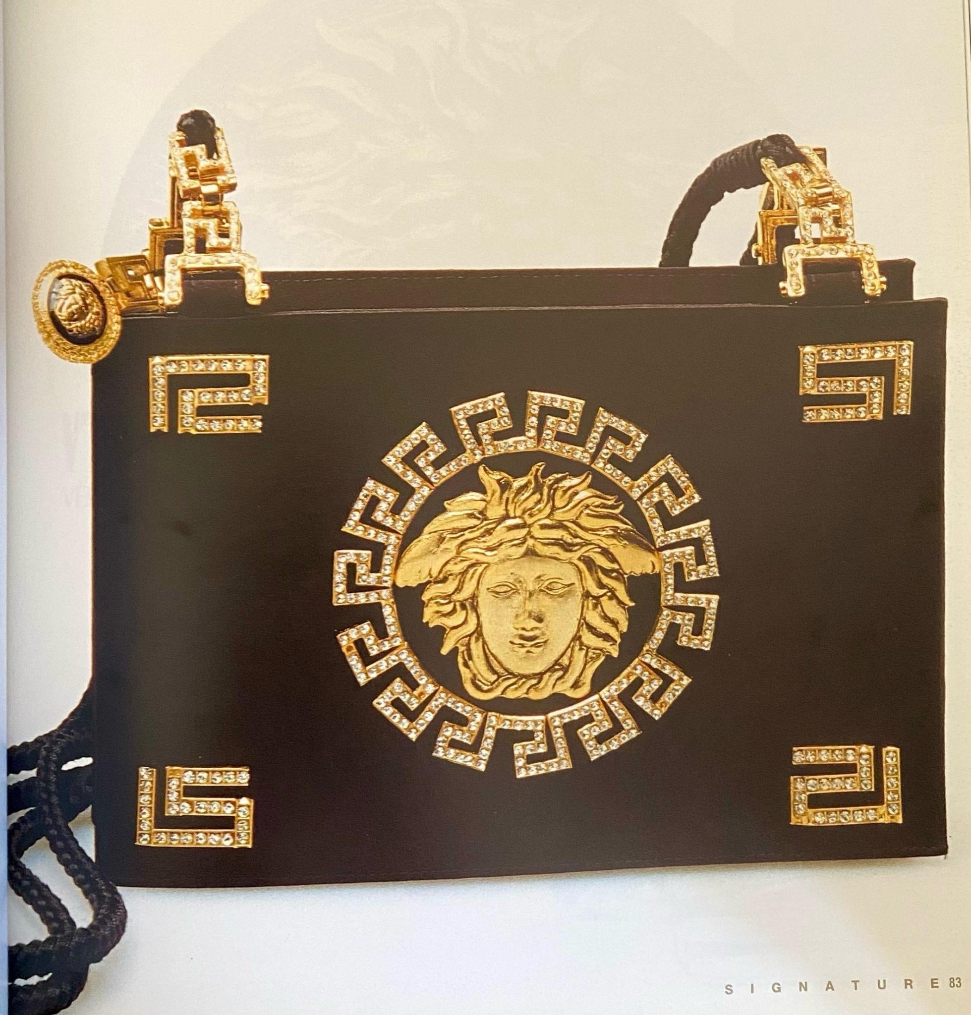 F/W 1992 Gianni Versace Couture Black Satin Gold Rhinestone Medusa Bag - RealList