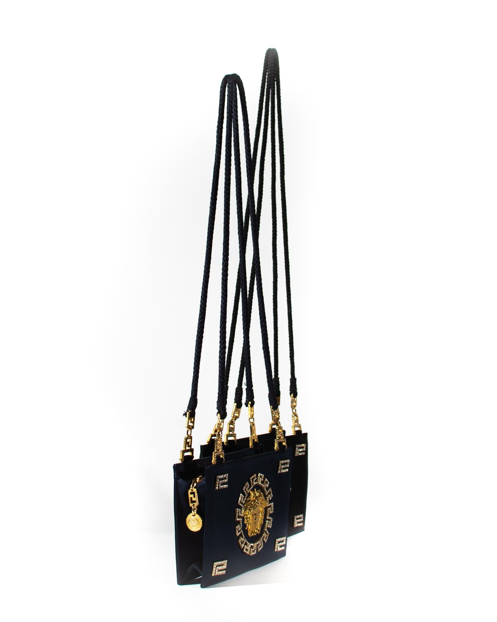 F/W 1992 Gianni Versace Couture Black Satin Gold Rhinestone Medusa Bag - RealList