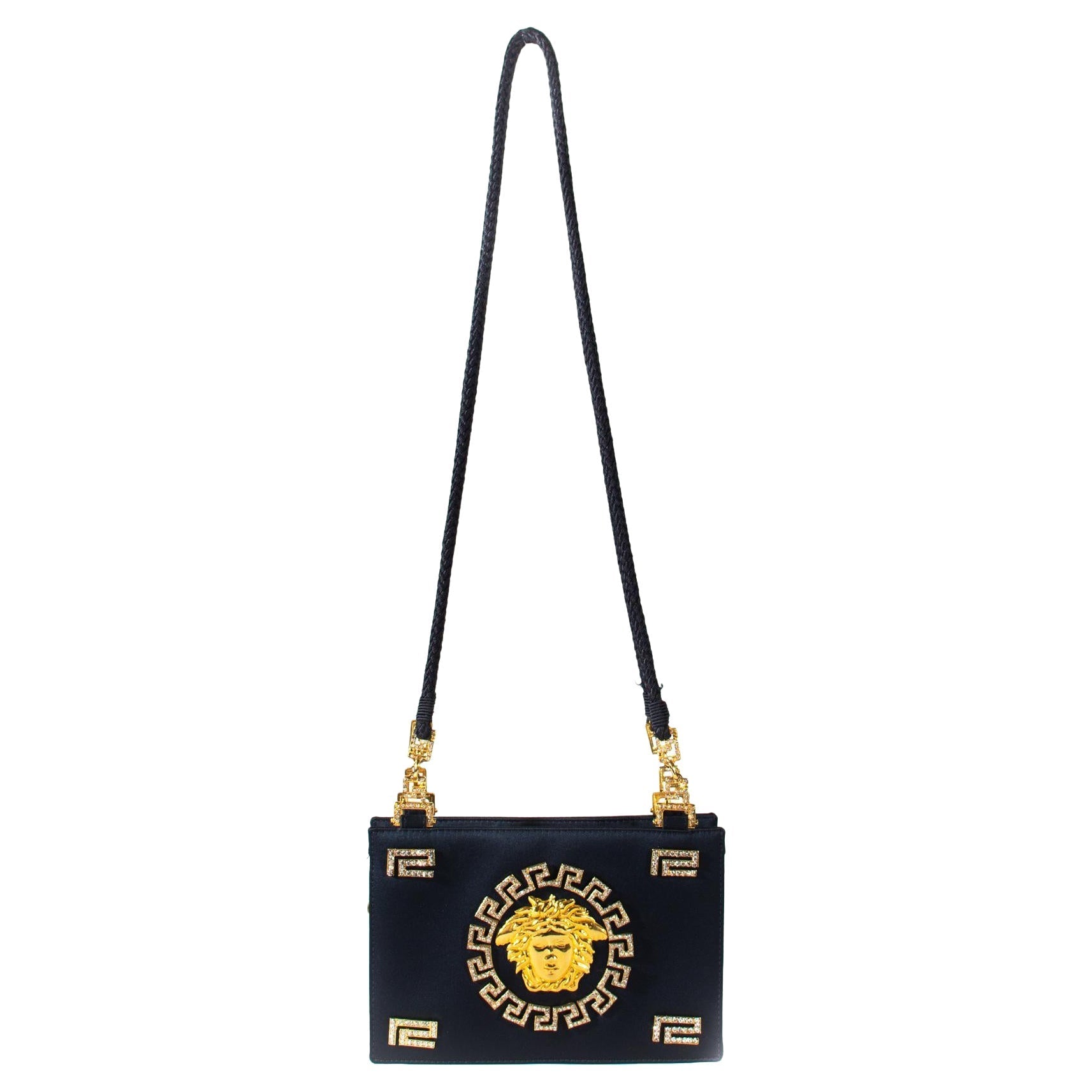 F/W 1992 Gianni Versace Couture Black Satin Gold Rhinestone Medusa Bag - RealList