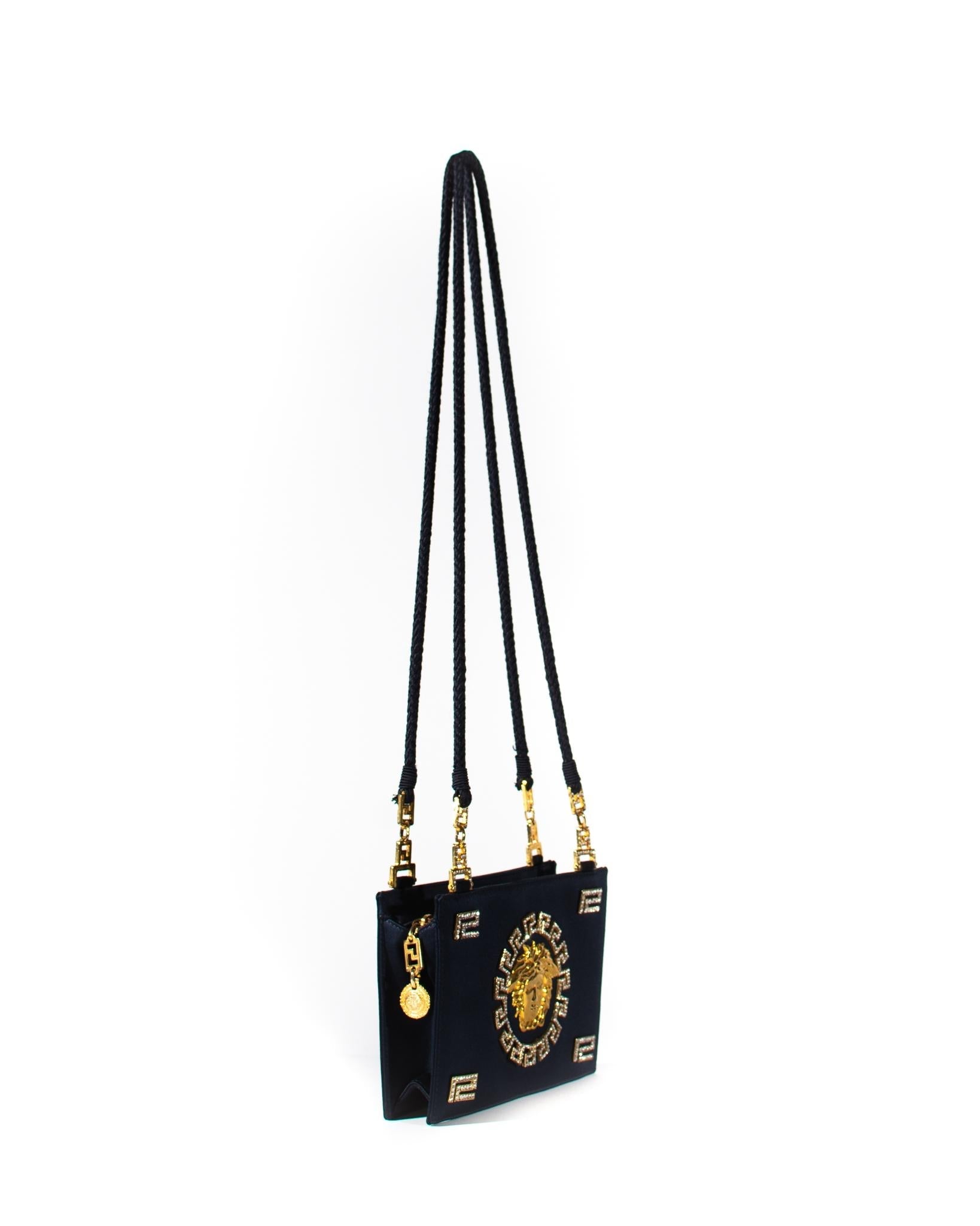 F/W 1992 Gianni Versace Couture Blue Satin Gold and Rhinestone Medusa Bag - RealList