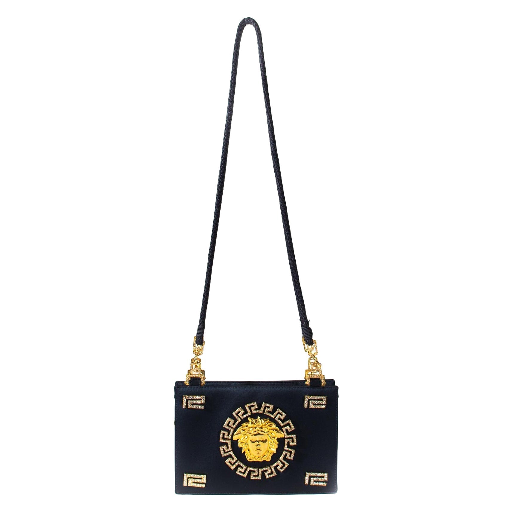 F/W 1992 Gianni Versace Couture Blue Satin Gold and Rhinestone Medusa Bag - RealList