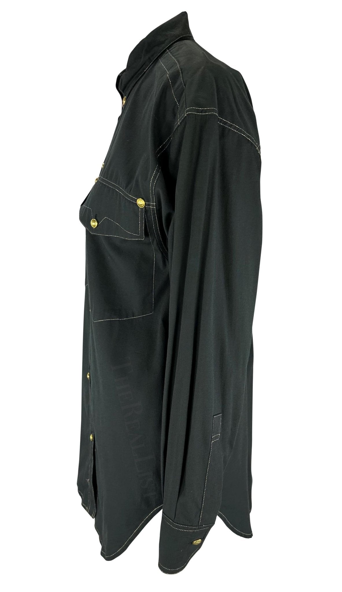 F/W 1992 Gianni Versace Gold Medusa Logo Black Western Style Button Up Shirt - RealList