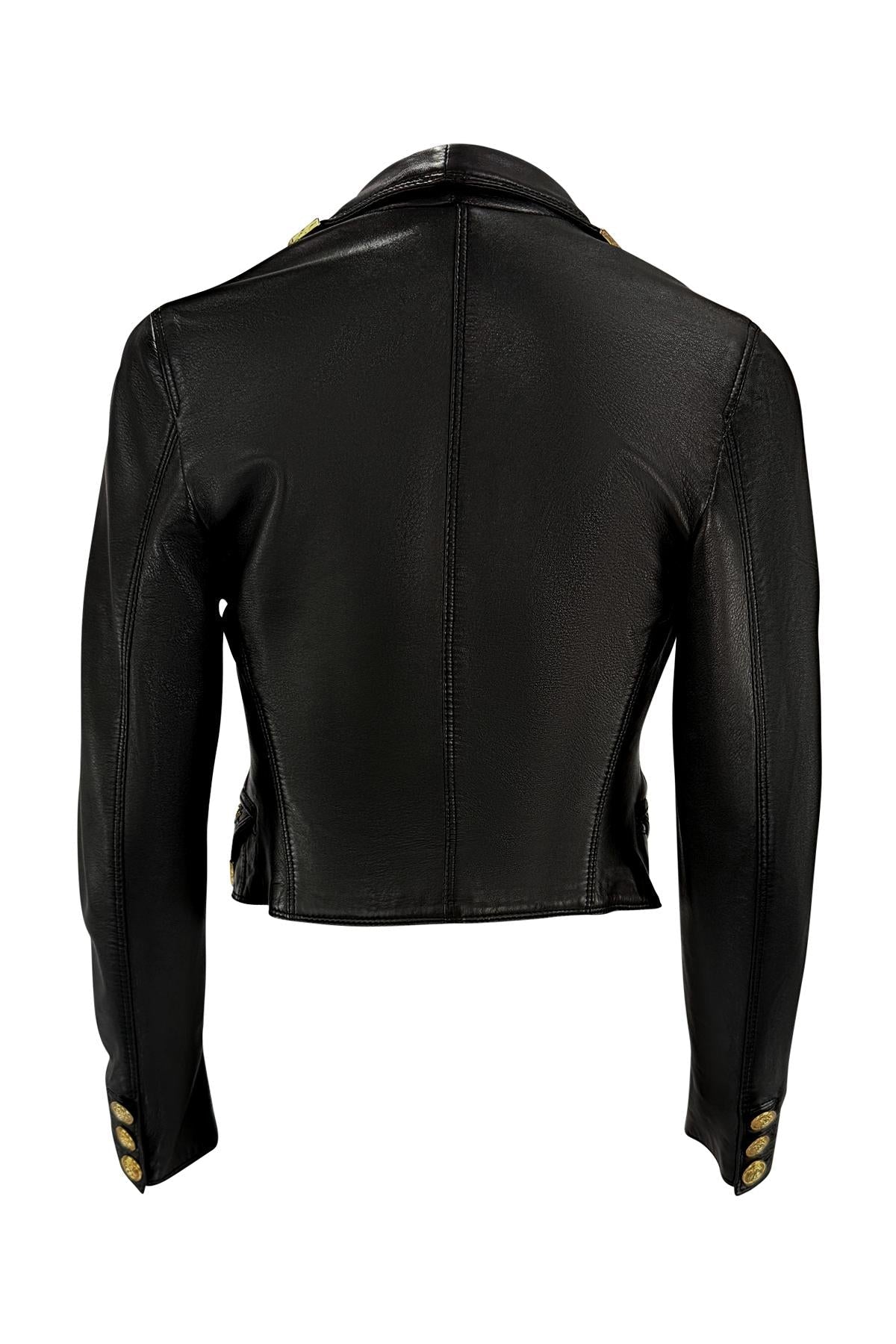 F/W 1992 Gianni Versace Gold Studded Medusa Black Leather Cropped Jacket - RealList