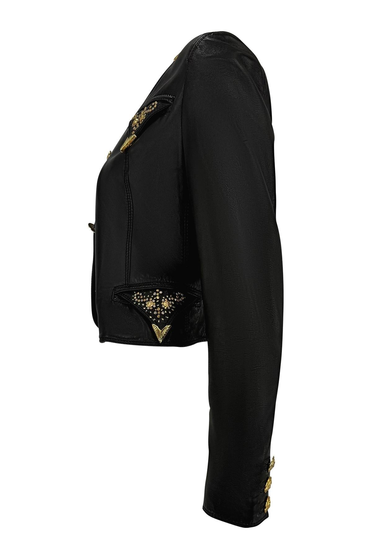 F/W 1992 Gianni Versace Gold Studded Medusa Black Leather Cropped Jacket - RealList