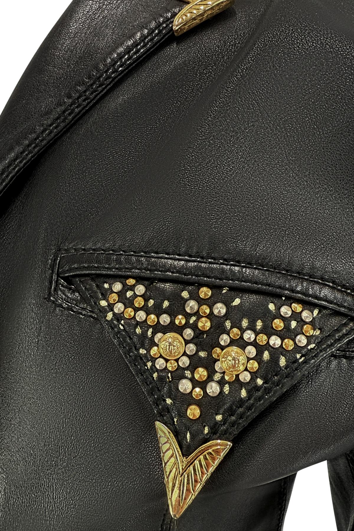 F/W 1992 Gianni Versace Gold Studded Medusa Black Leather Cropped Jacket - RealList