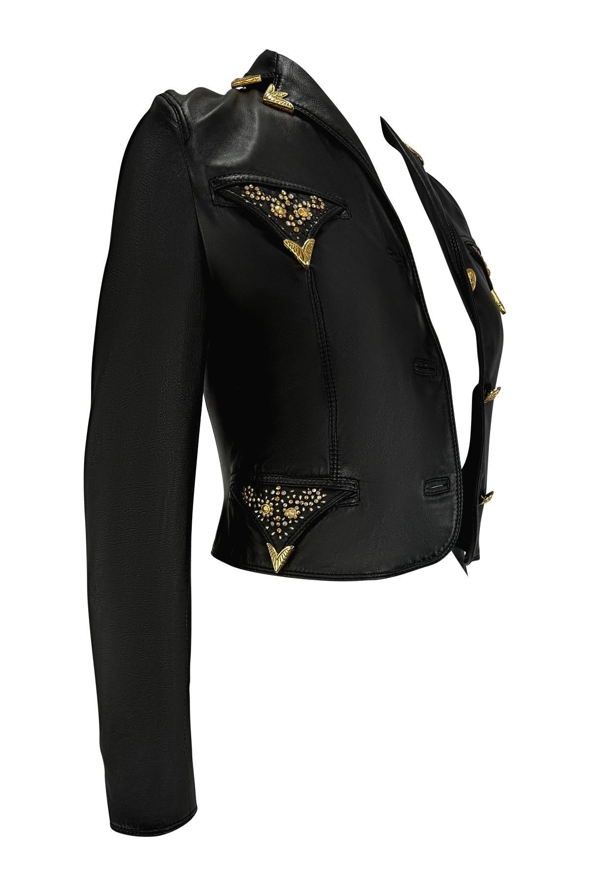F/W 1992 Gianni Versace Gold Studded Medusa Black Leather Cropped Jacket - RealList