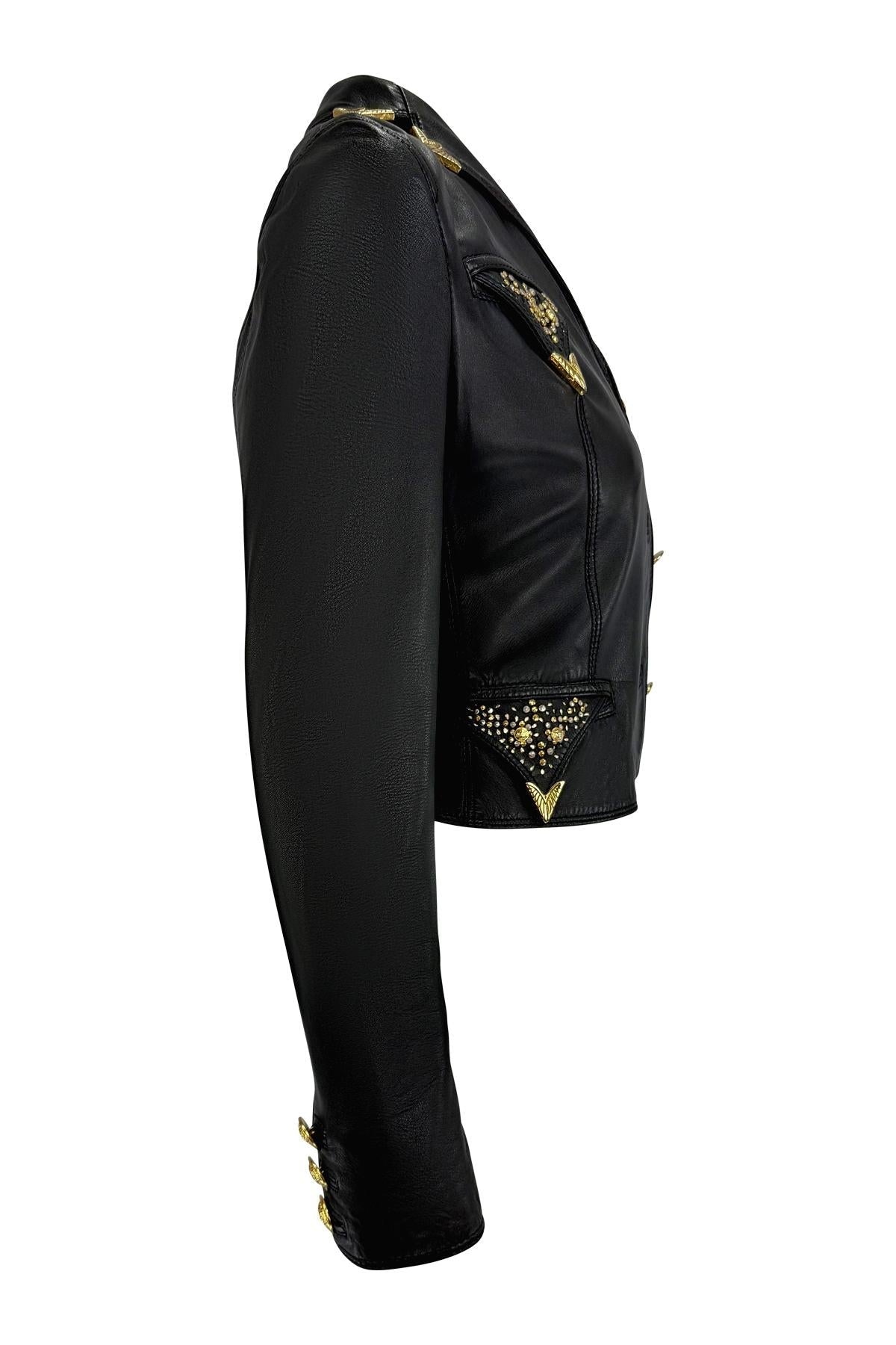 F/W 1992 Gianni Versace Gold Studded Medusa Black Leather Cropped Jacket - RealList