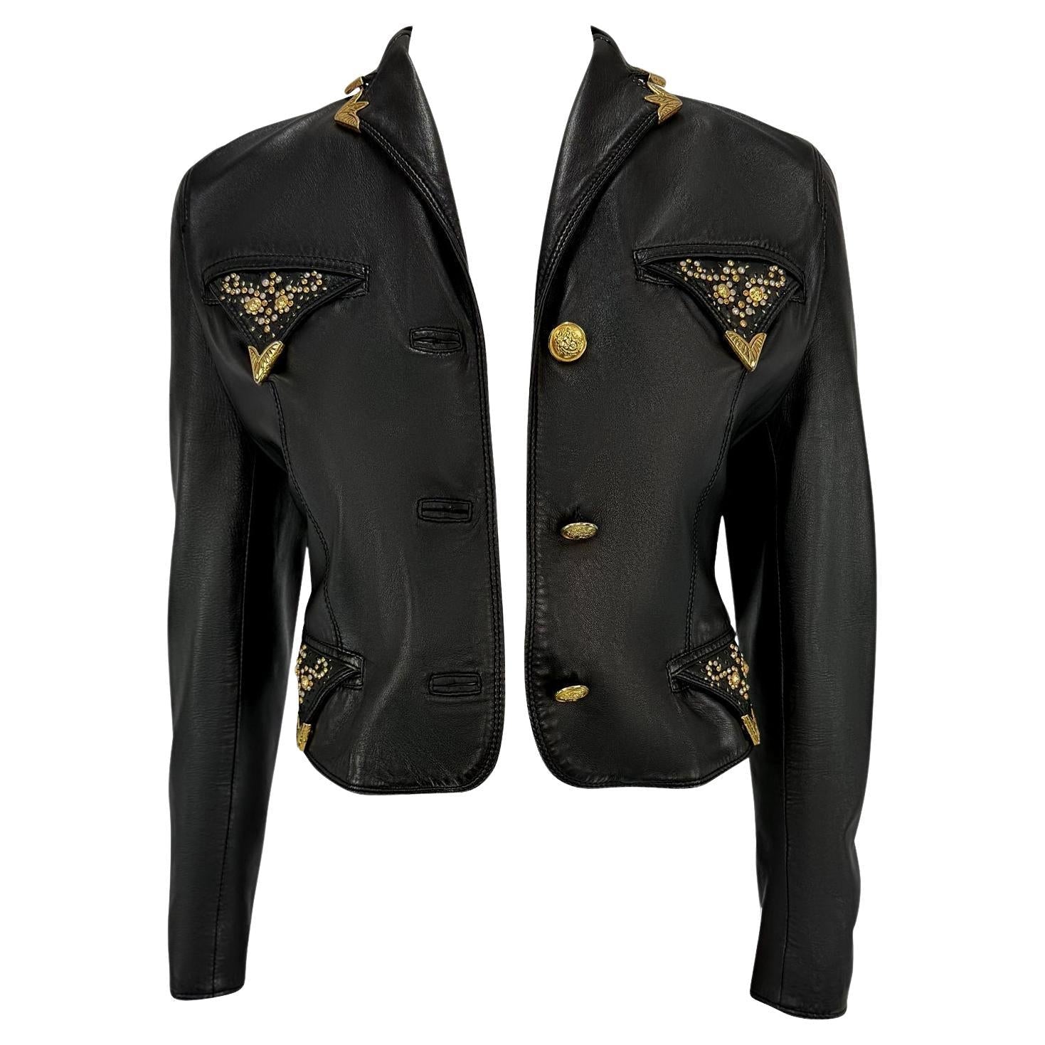 F/W 1992 Gianni Versace Gold Studded Medusa Black Leather Cropped Jacket - RealList