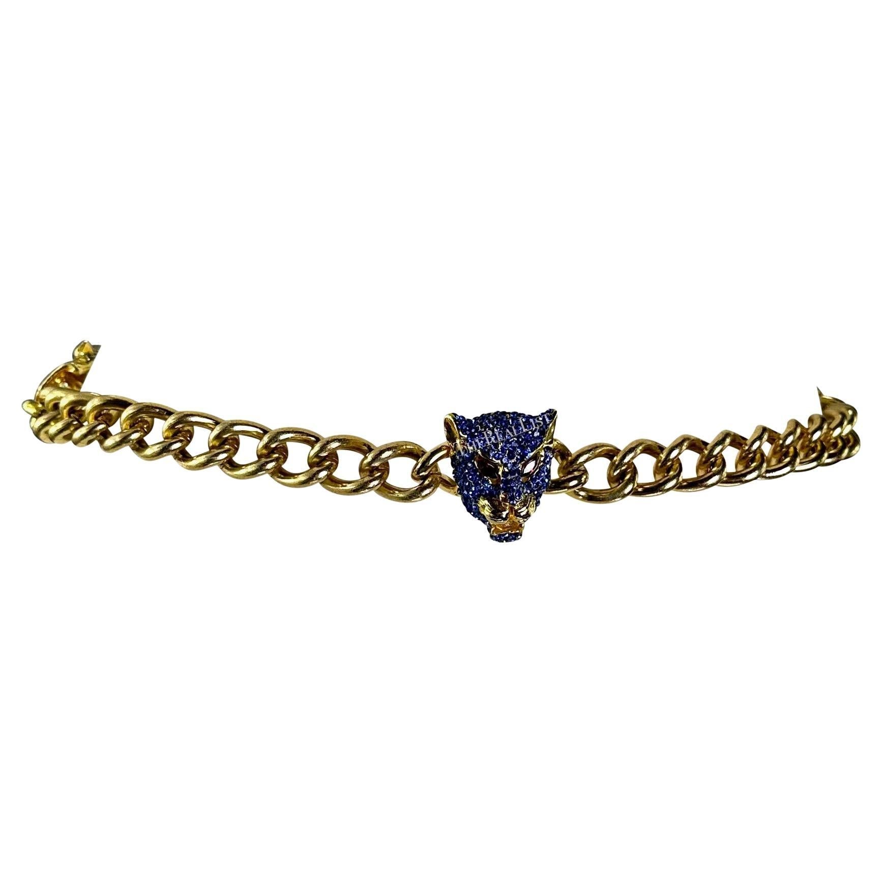 F/W 1992 Gianni Versace Gold Tone Metal Rhinestone Jaguar Motif Chain Belt - RealList