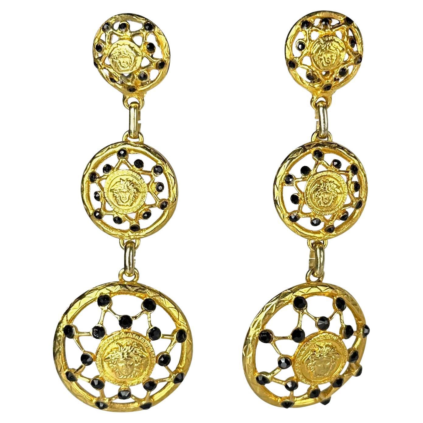F/W 1992 Gianni Versace Gold Tone Rhinestone Medusa Logo Drop Clip - On Earrings - RealList