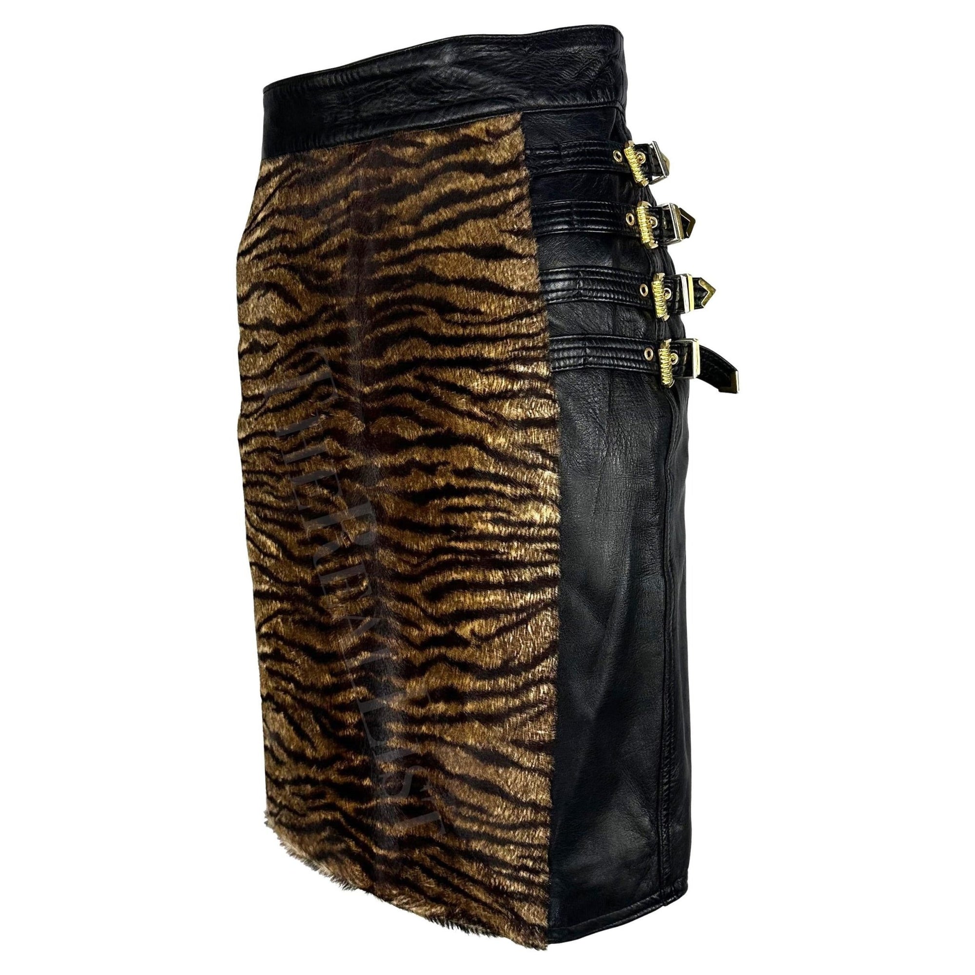 F/W 1992 Gianni Versace "Miss S&M" Bondage Animal Print Black Leather Skirt - RealList