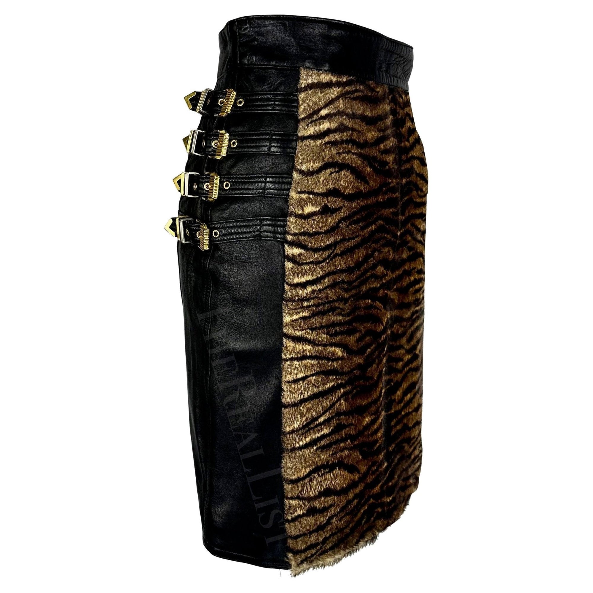 F/W 1992 Gianni Versace "Miss S&M" Bondage Animal Print Black Leather Skirt - RealList