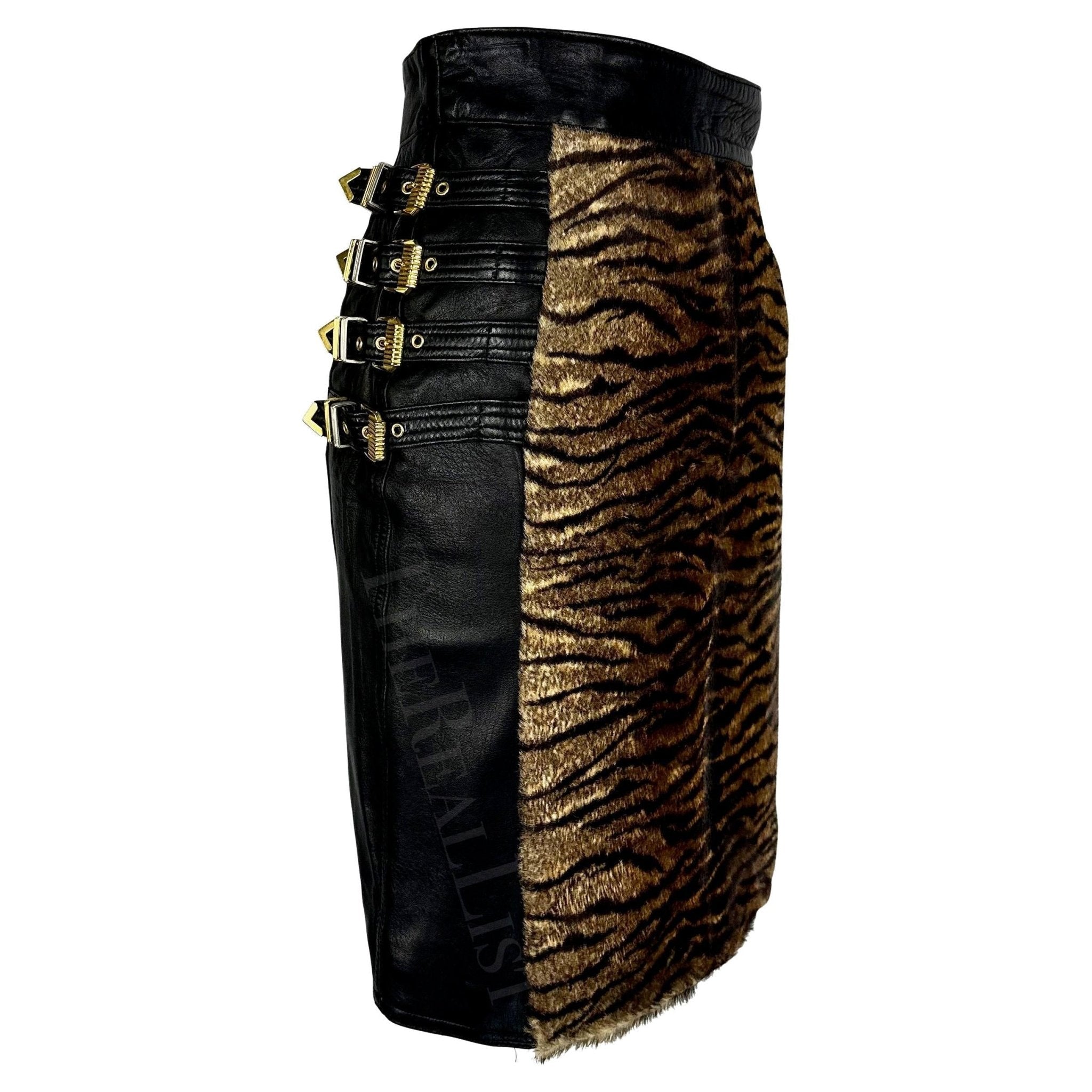 F/W 1992 Gianni Versace "Miss S&M" Bondage Animal Print Black Leather Skirt - RealList
