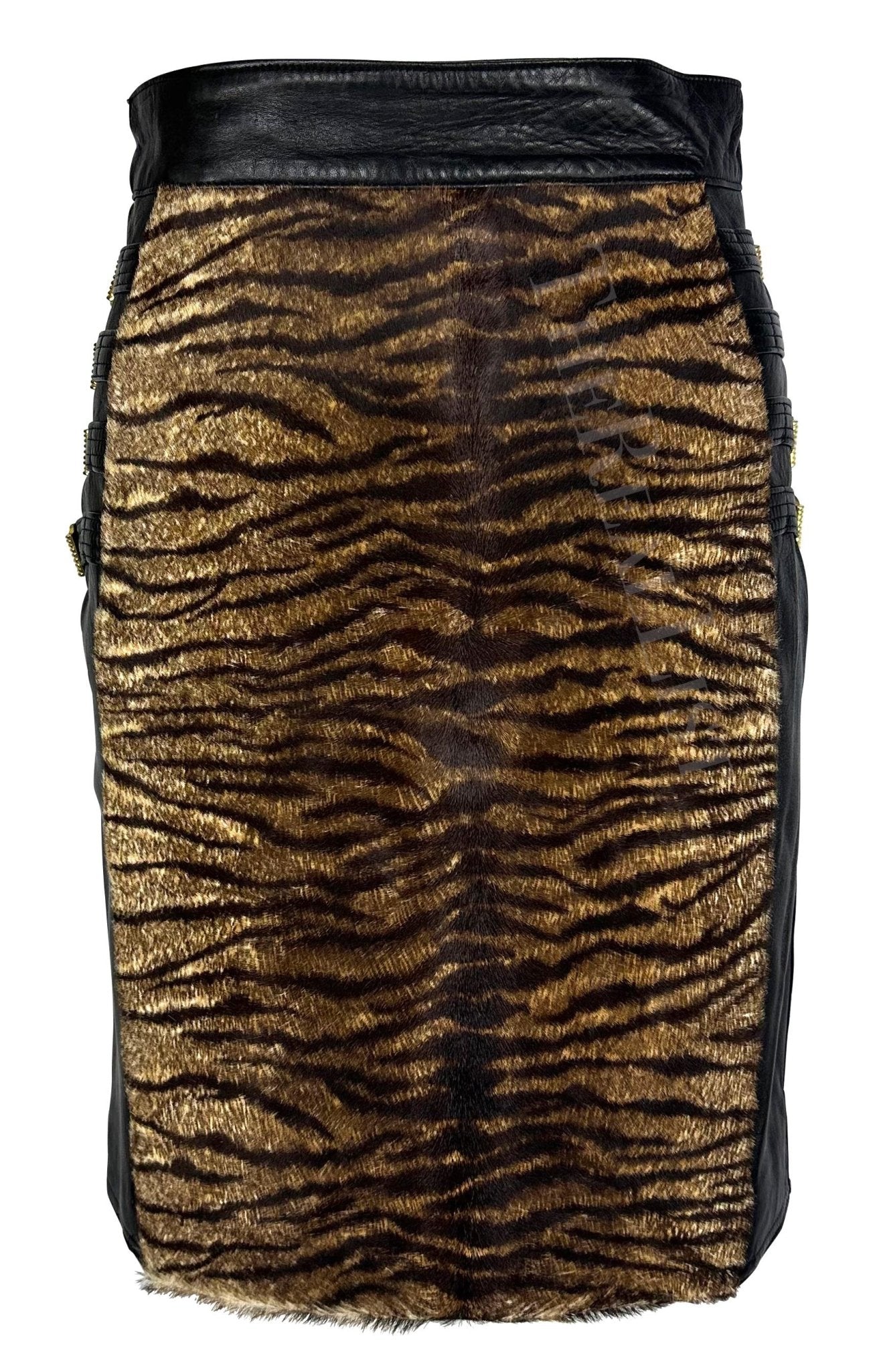 F/W 1992 Gianni Versace "Miss S&M" Bondage Animal Print Black Leather Skirt - RealList
