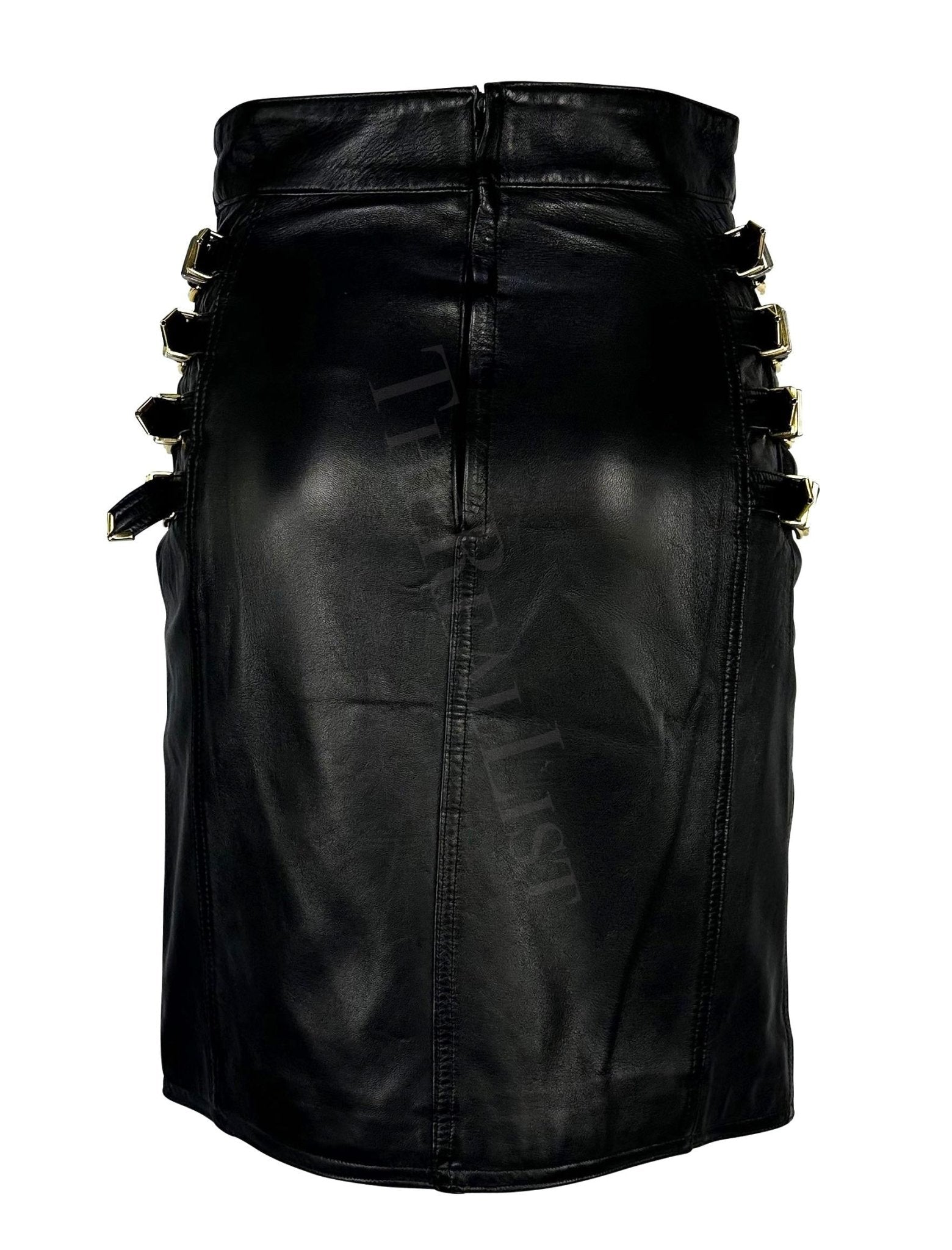 F/W 1992 Gianni Versace "Miss S&M" Bondage Animal Print Black Leather Skirt - RealList