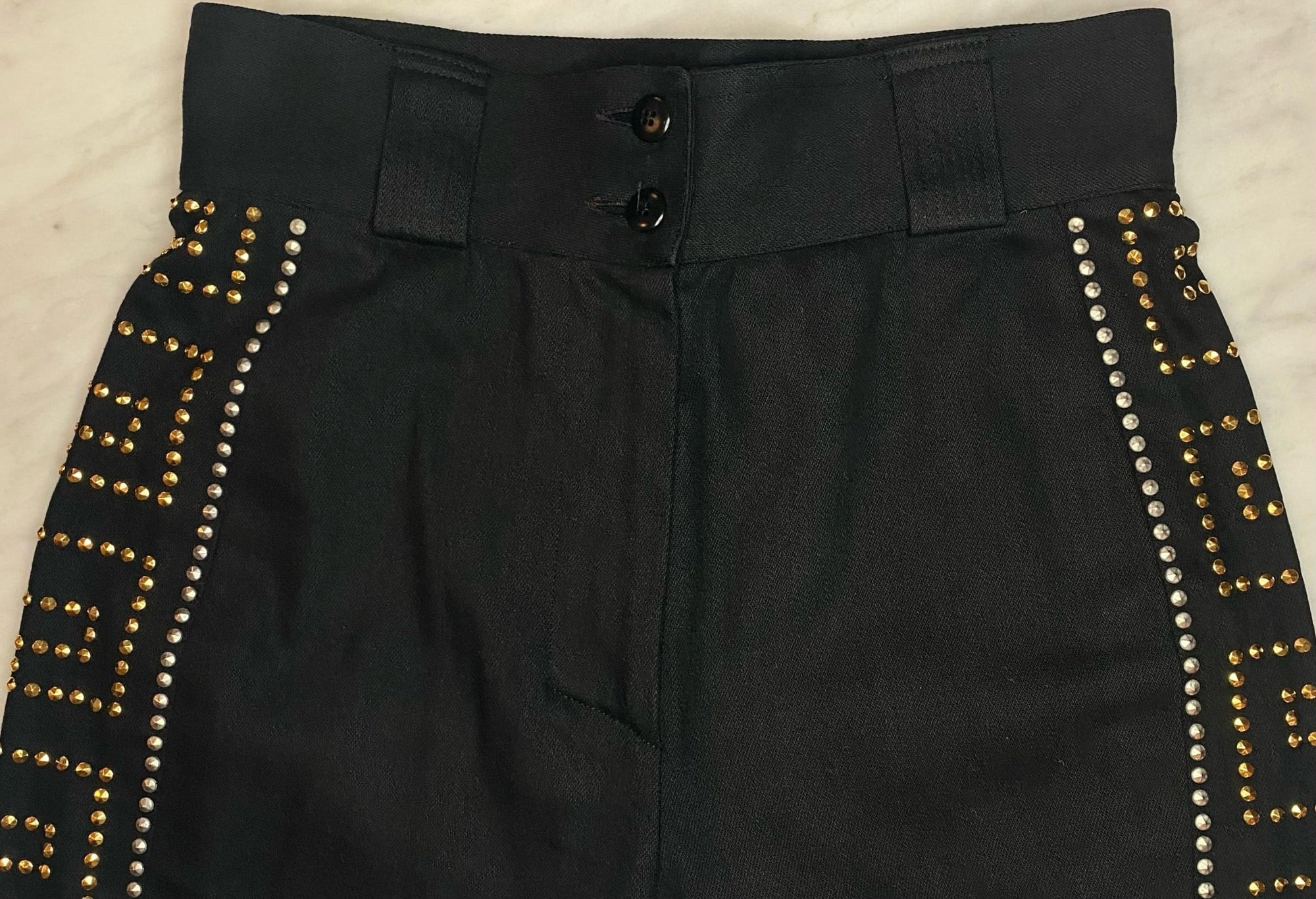 F/W 1992 Gianni Versace 'Miss S&M' Greek Key Studded High - Waisted Pants - RealList